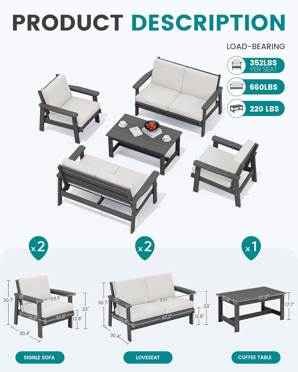 SERWALL HDPE Patio Furniture Set, 5 Piece All Weather Wood-Like Sectional Outdoor Furniture Set, Grey Patio Sofa Couch with Khaki Cushions for Deck, Lawn