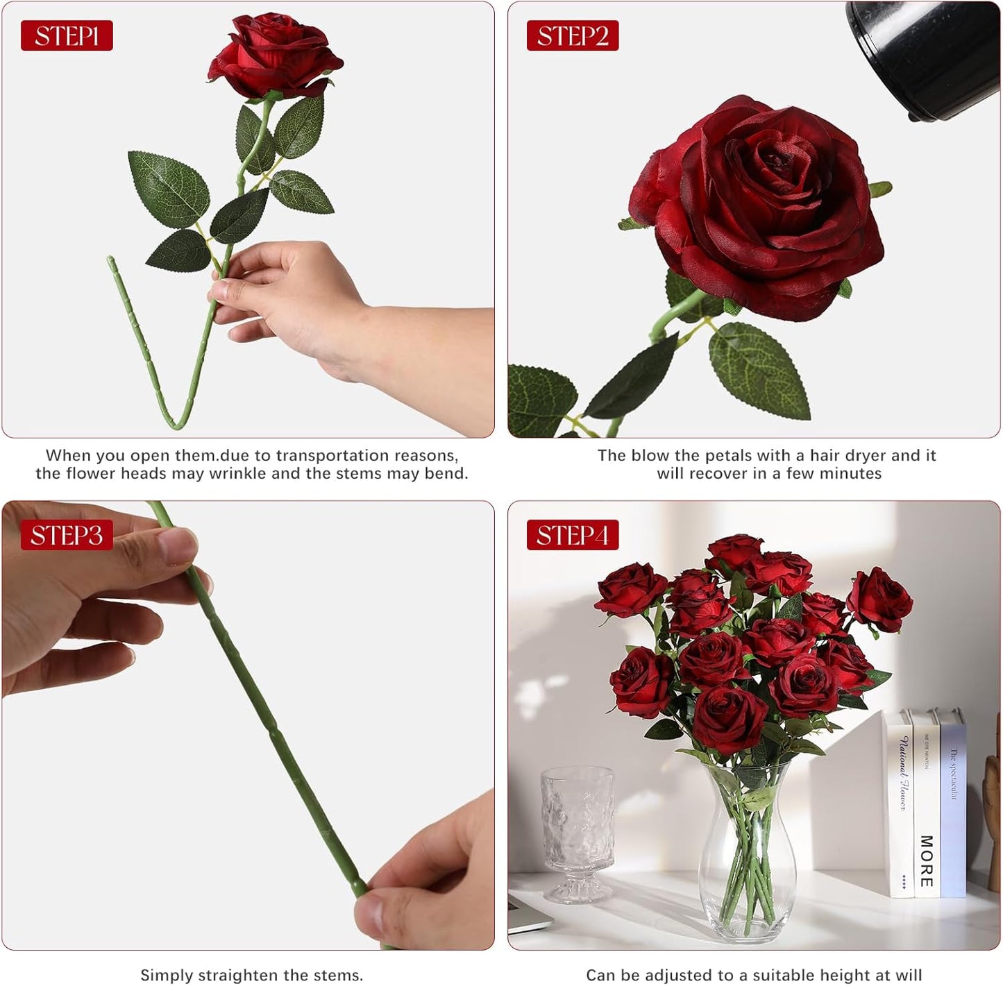 Tifuly 12pcs Red Roses Artificial Flowers,Realistic Long Stem Fake Silk Roses Bouquet for Party Home Wedding Centerpiece Office DIY Decor（Burgundy）