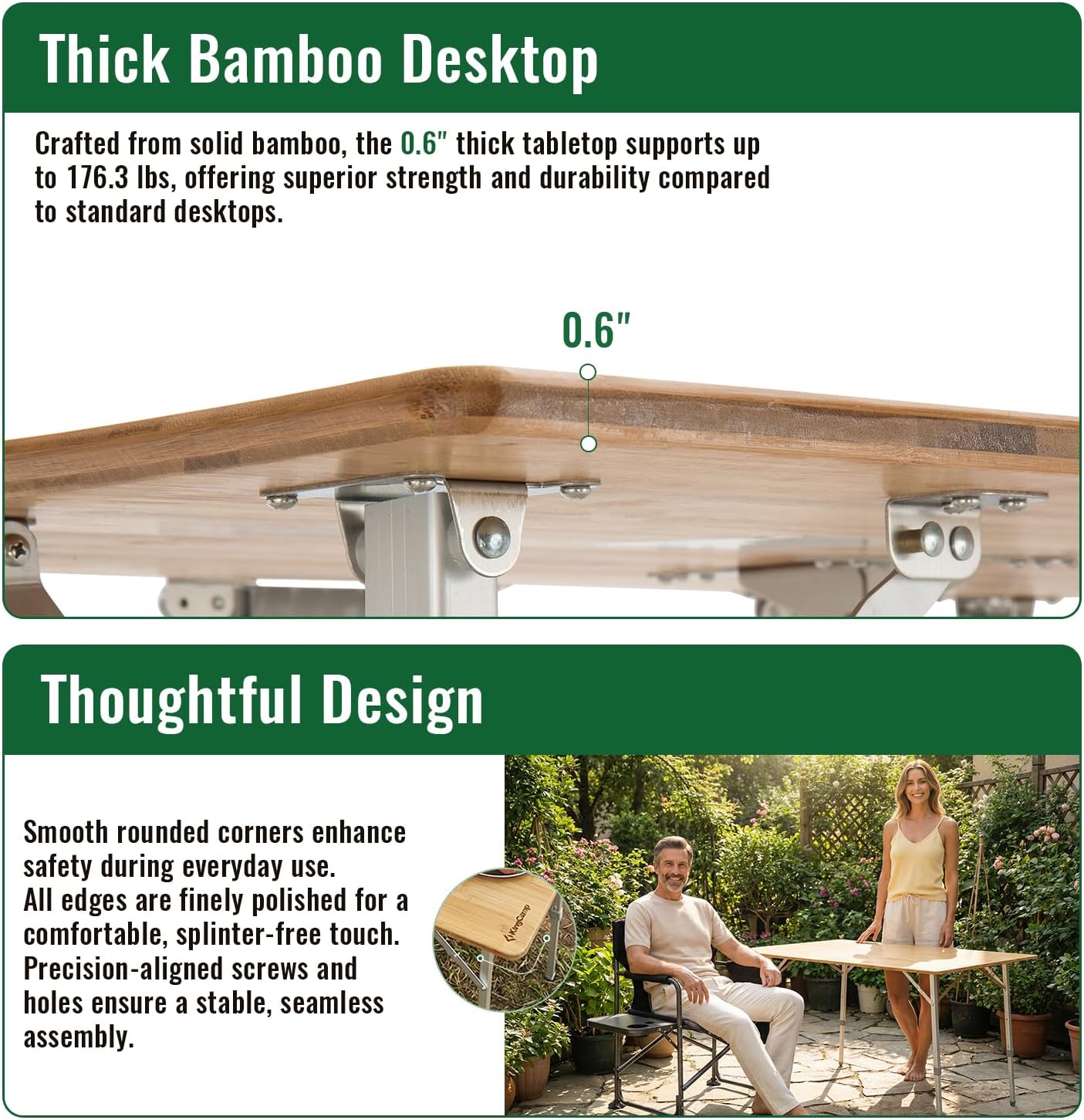 KingCamp Bamboo Folding Table, Camping Outdoor Portable Camp Table with Adjustable Height legs & Carry Bag for Outdoor RV Backyard Picnic Tailgating Beach