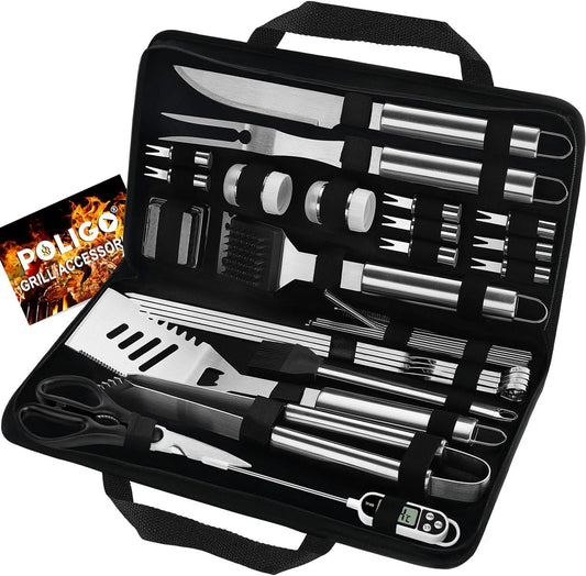 POLIGO 29 PCS BBQ Grill Accessories Stainless Steel BBQ Tools Grilling Tools Set with Storage Bag for Fathers Day Dads Birthday Presents - Camping Grill Utensils Set Ideal Grilling Gifts for Men Women