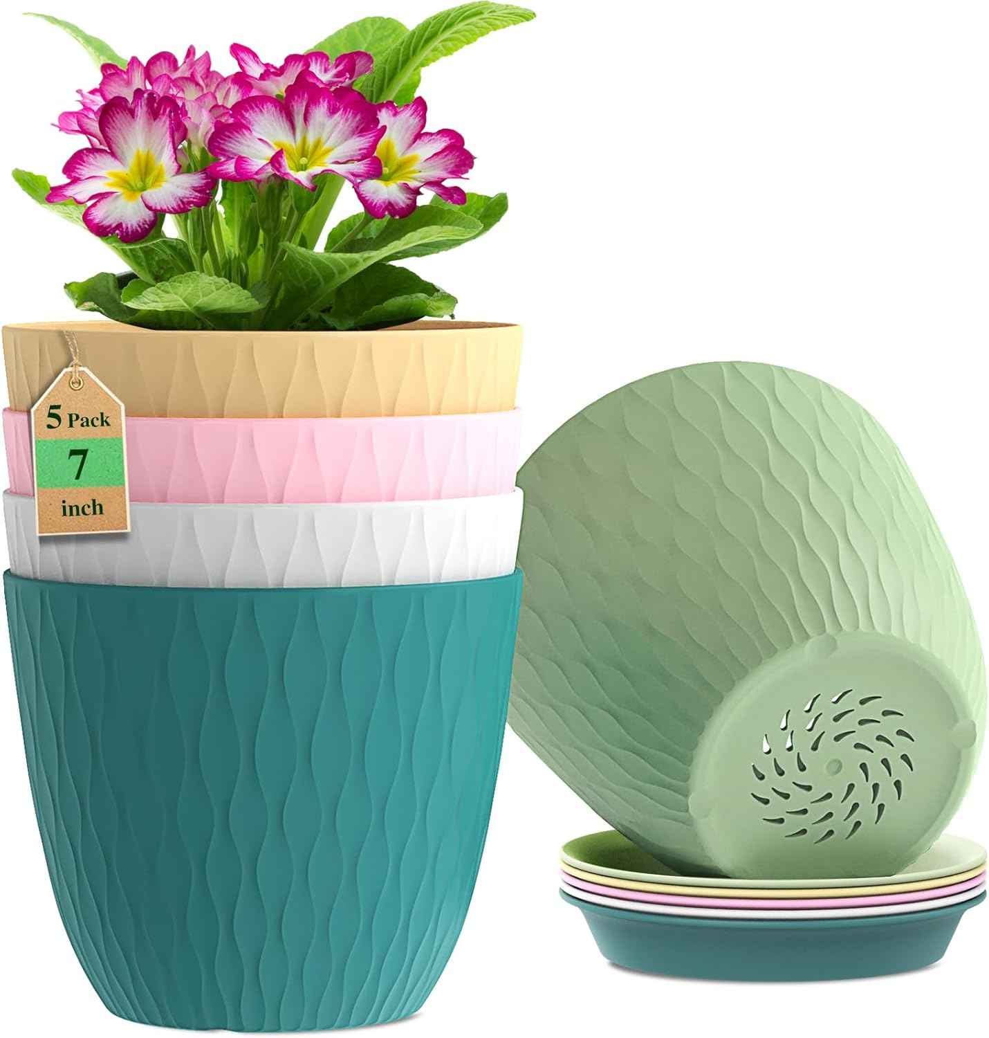 WSMKSZ 7 inch Plant Pots, 5 Pack Flower Pots with Drainage Holes and Saucers for Indoor Plants, Plastic Planters with Water Ripple for Small Garden House Plants, Nursery Pots for Succulent, Colorful