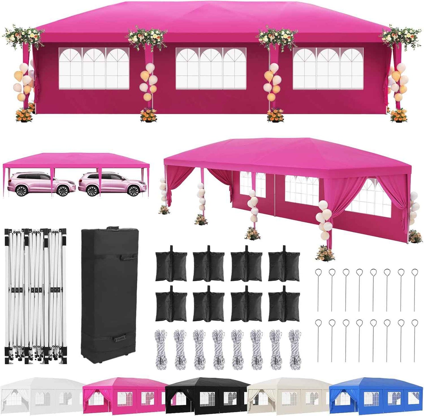 10x30 Pink Pop Up Tent with 8 Sidewalls, Heavy Duty Outdoor Canopy Waterproof Canopy Event Tents for Parties Party Wedding BBQ Events, 8 pcs Weight Bag,Carry Bag