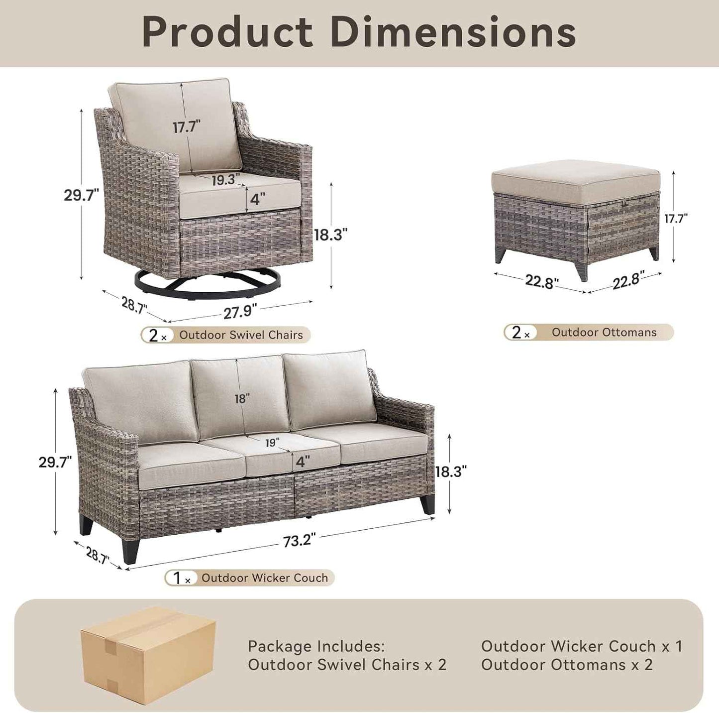 Outdoor Patio Furniture Set-5 Pieces All-Weather Wicker Outdoor Furniture with Swivel Patio Chairs Outdoor Patio Conversation Sets for Garden Porch Deck Grey/Beige