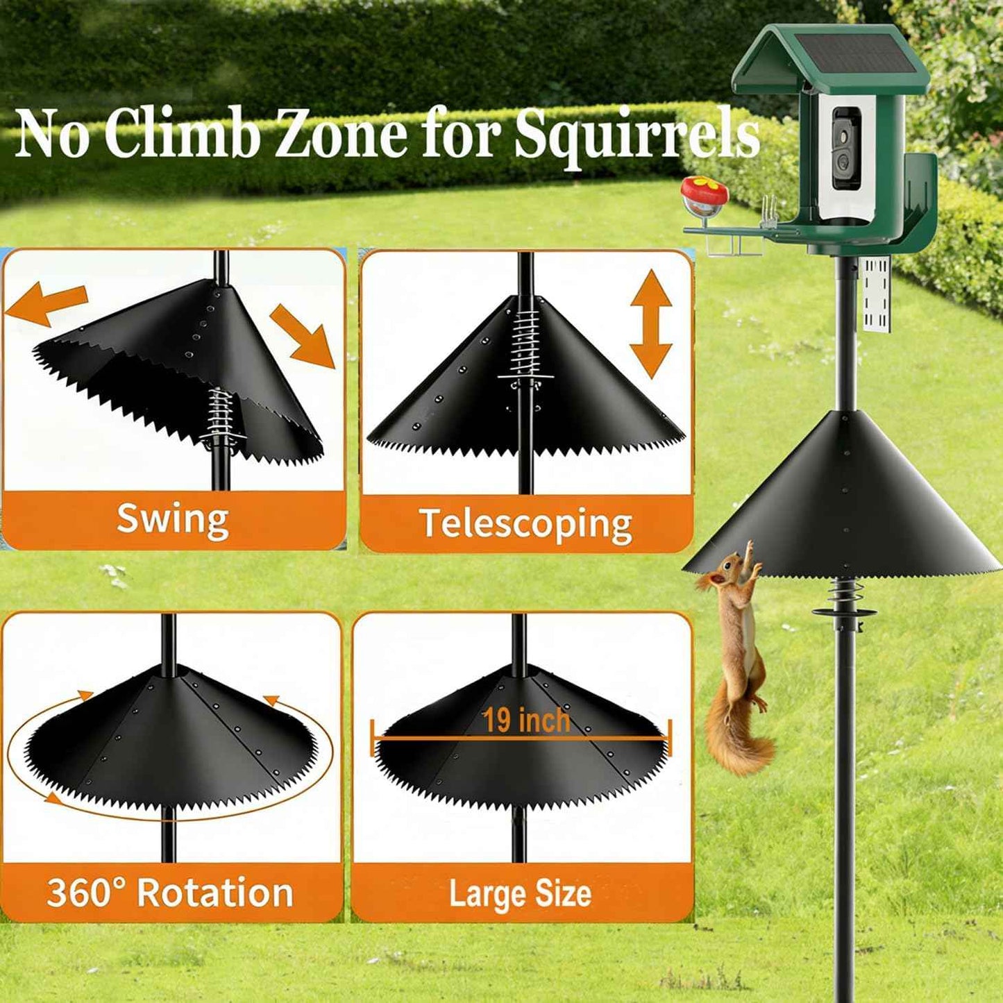 Squirrel Baffle for Bird Feeder Pole-Dynamic Steel Spring-Loaded Wobble Defense,Outside Pole Mount Bird House Guard for Outdoor Shepherd’s Hook, 19 Inch Diameter,Metal Buckle(2pcs)