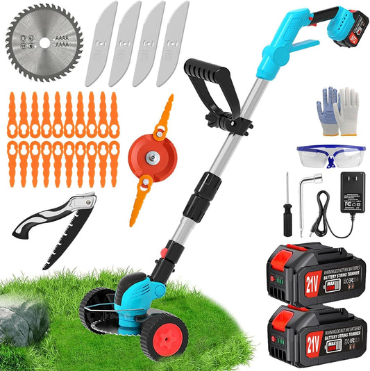 Electric Weed Wacker Cordless Eater Battery Powered,21V/4.0Ah Lightweight No-String Weed Trimmer with 2 Battery Operated& Wheels,3 in 1 Stringless Grass Trimmer/Edger/Brush Cutter for Garden Yard Lawn