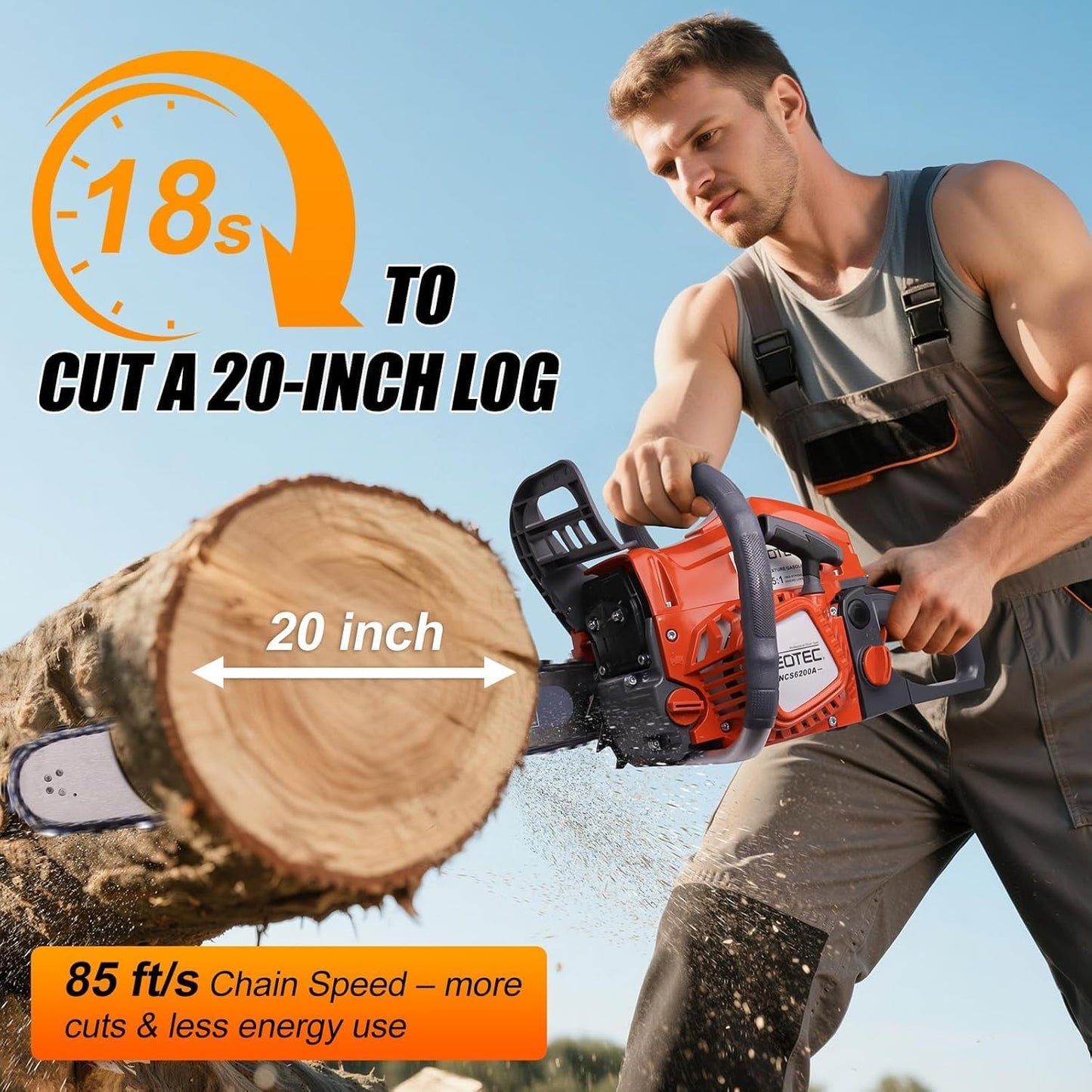 62CC Gas Powered Chainsaw 18 22 Inch Bars Handheld Cordless Ergonomic Chainsaws 2-Cycle Petrol Gas Chain Saw for Backyard Storm Cleanup Tree Cutting Firewood Wood