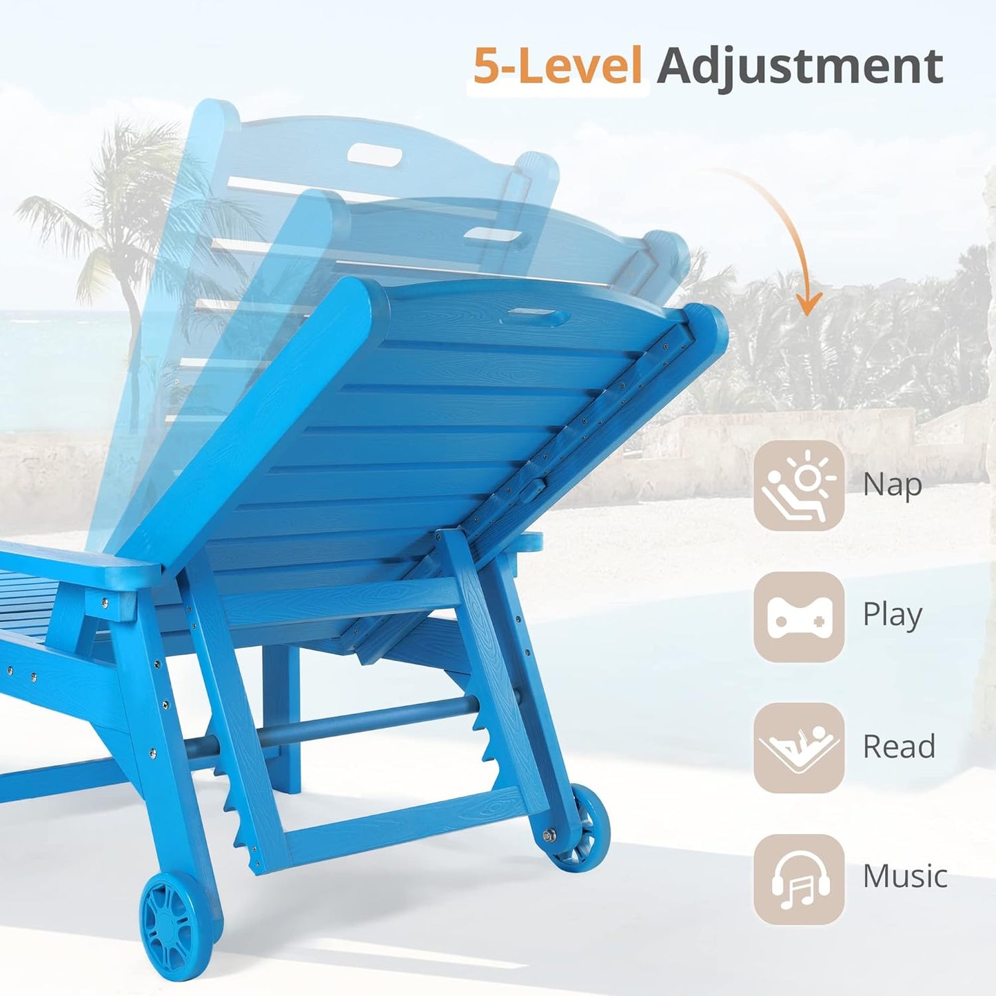 LUE BONA Outdoor Chaise Lounge, 79'' Oversized HDPS Chaise Lounger, 5 Positions Adjustable Lounge Chairs, Pool Lounge Chair with Wheels for Poolside, Backyard, 3 Year Warranty, Blue