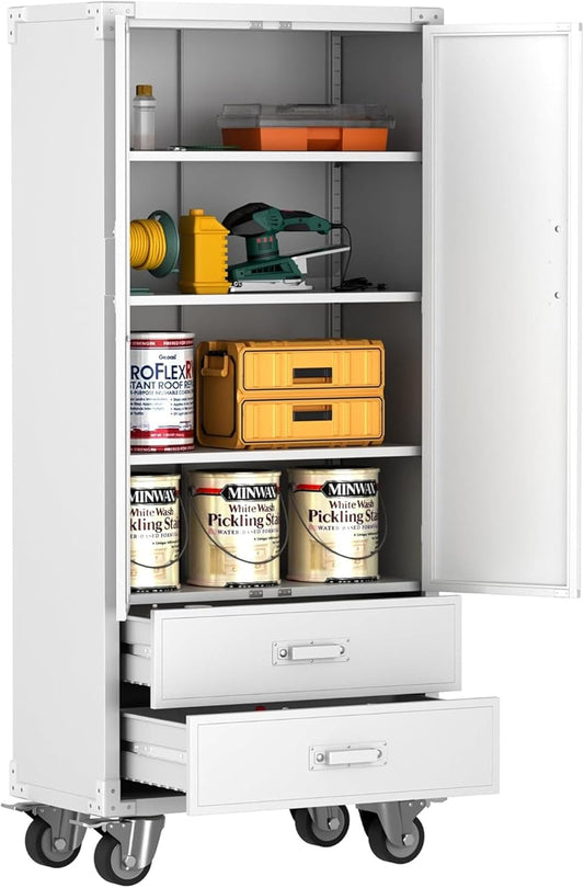 Metal Storage Cabinet with 2 Drawers, Garage Tool Cabinet on Wheels for Home Office,Assembly Required,White