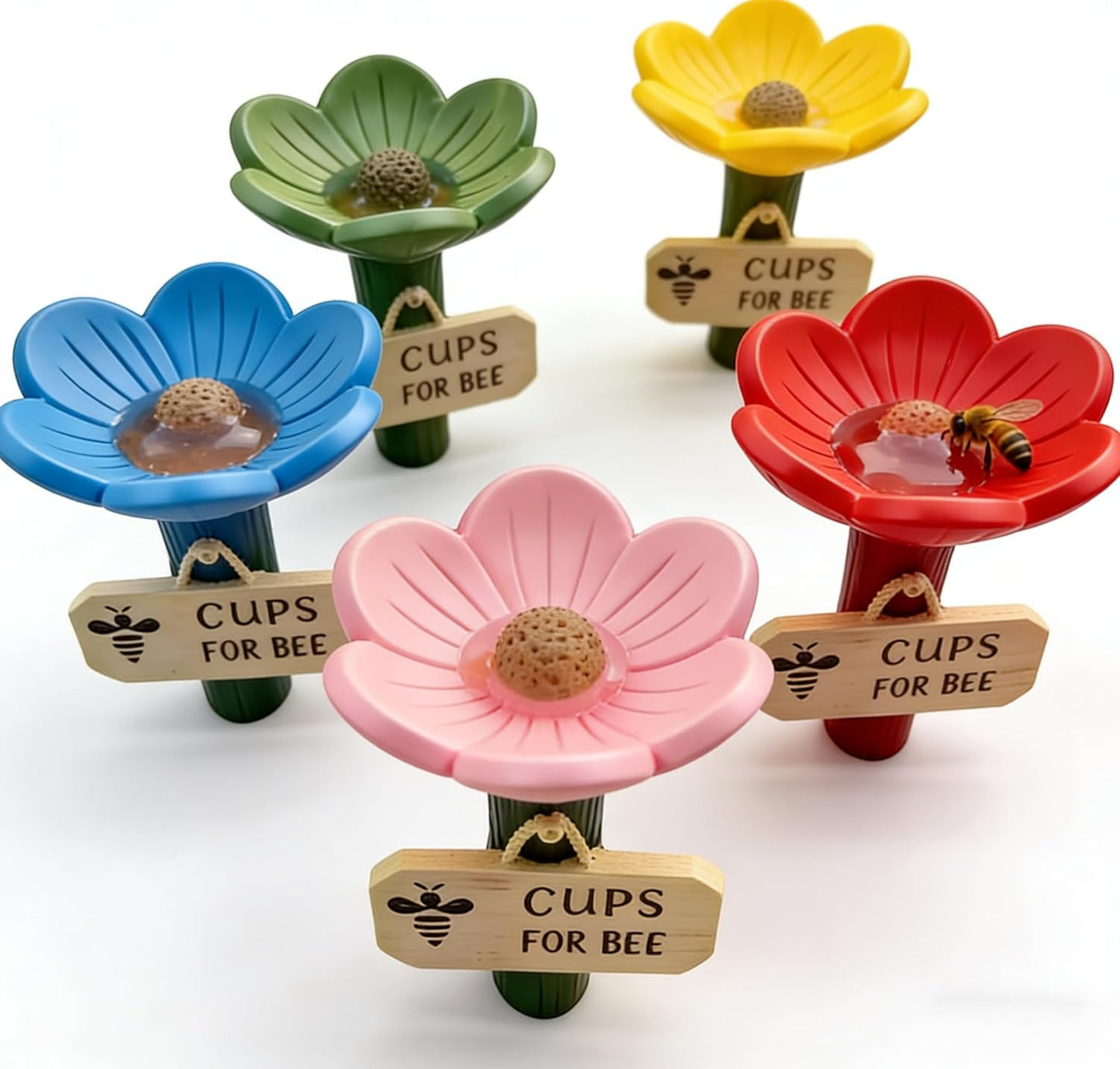 Bee Watering Station for Garden Insect Drinking Cups Flower-Shaped Bee Water for Bees Butterflies Bee Watering Station Feeder with Stake Base (5pcs Mix)