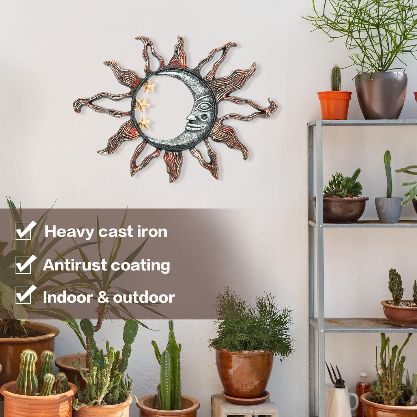 Sungmor Cast Iron Moon & Sun Face Wall Decor, Sturdy Metal Wall Art Sculpture, Outdoor Garden Yard Fence Decorative Plaque, Pretty Vintage Hangings for Farmhouse Indoor Wall, Unique Home Accent Gift