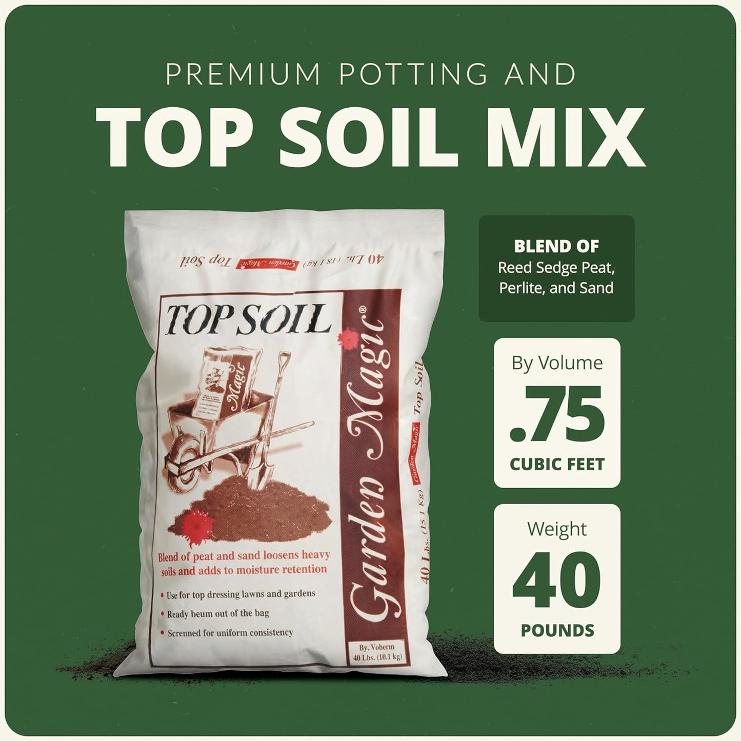 Michigan Peat 40 Pound Bag Garden Magic Organic Planting Potting Top Soil Blend Mix for Indoor and Outdoor Gardening and Landscapes, White