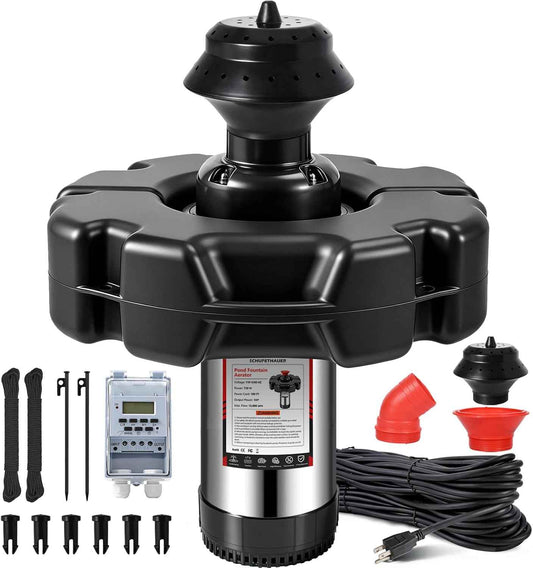 Pond Fountain Aerator, 1HP 110V 750W 15000 GPH Stainless Steel Fountain Pump with 2 Distinct Water Fountain, Fully Automatic Powerful Lake Floating Fountain, 100FT Power Cord, Rope, Timer