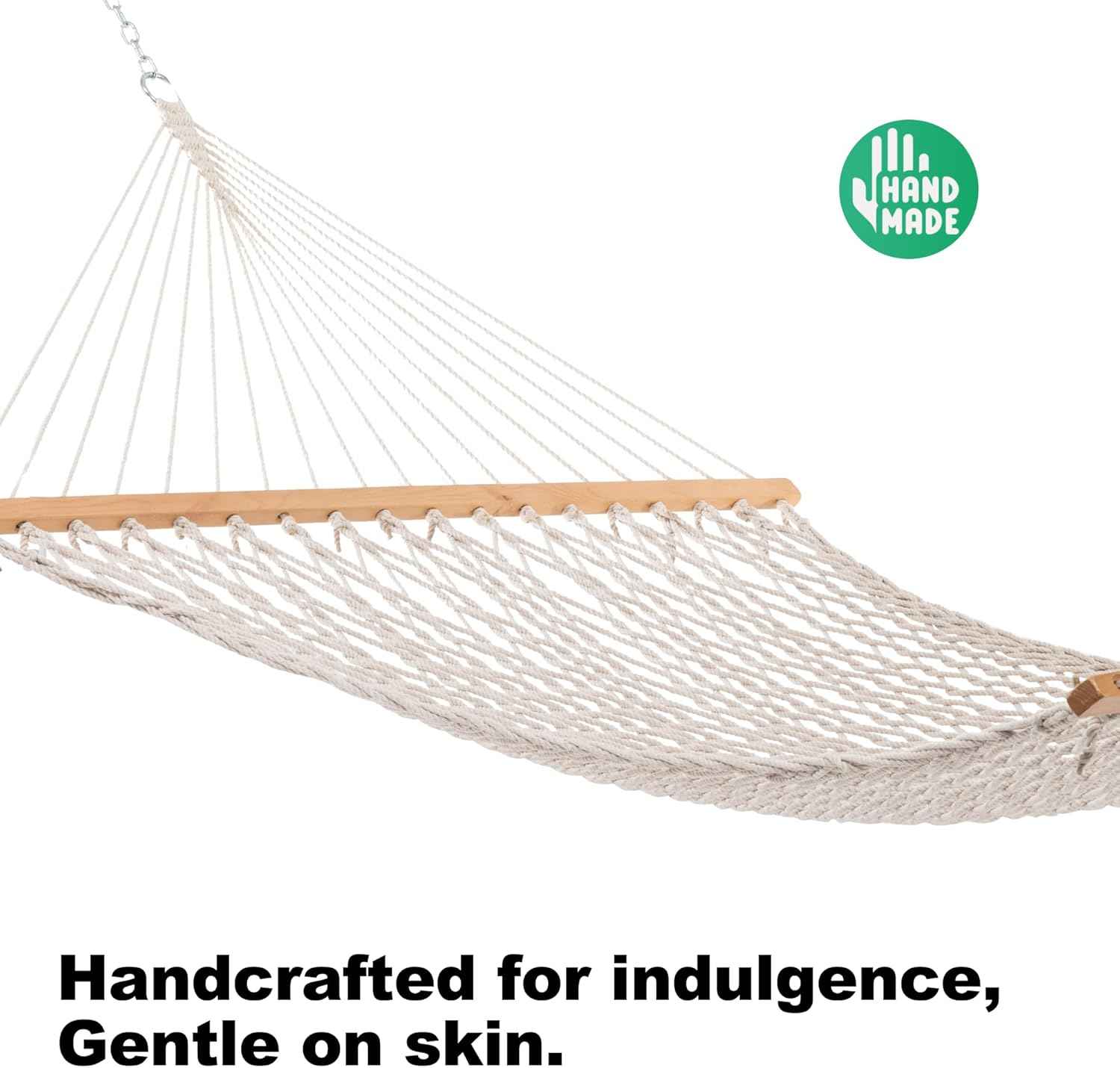 GAFETE 12ft Double Hammocks for Outside, Handwoven Traditional Cotton Rope 2 Person Hammock with Hardwood Spreader Bar, Chains & Hooks for Indoor Outdoor, Max 450 lbs Capacity (Natural Beige, Medium)