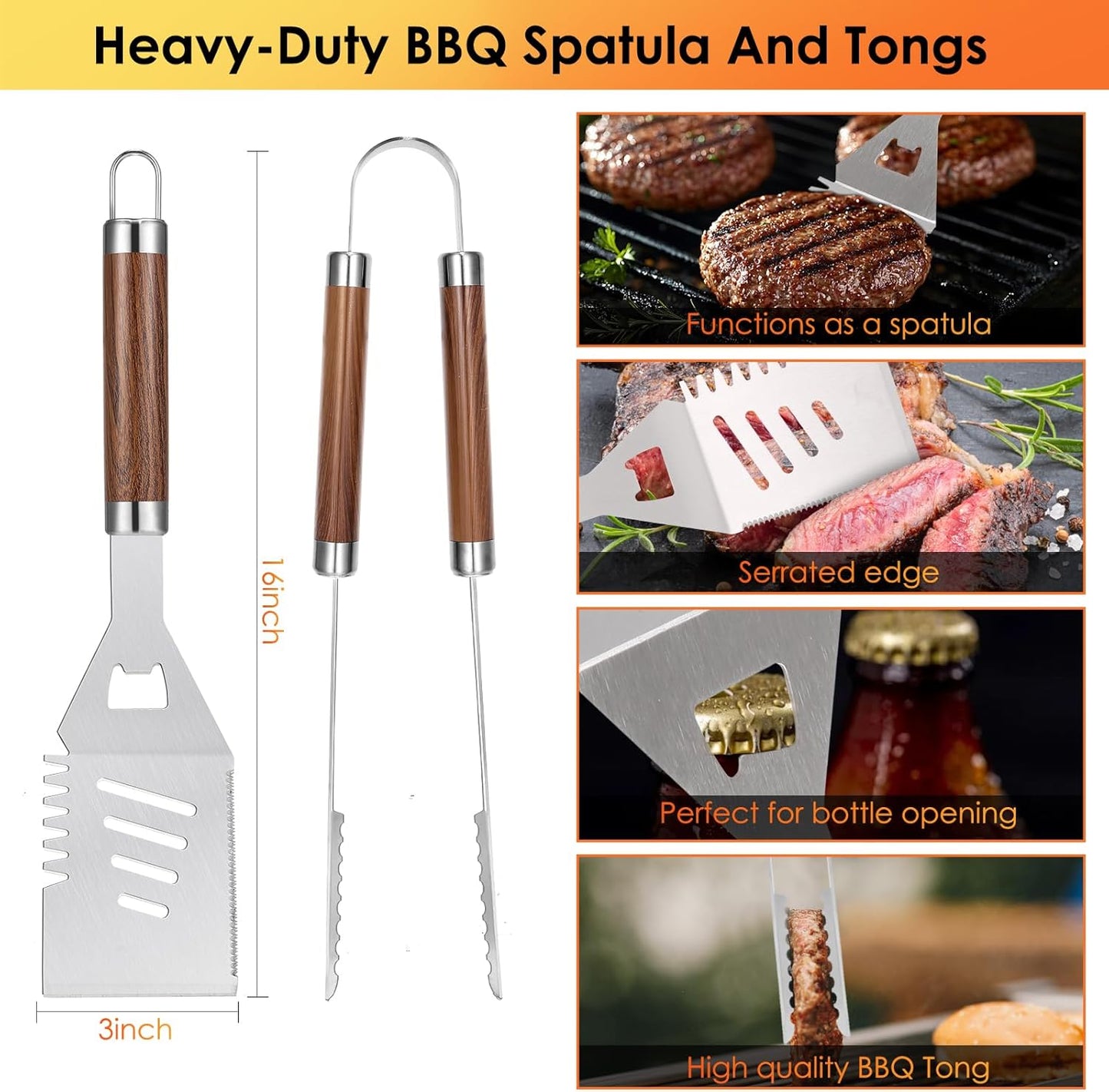 Yoehka BBQ Grilling Accessories Set, 34Pcs Heavy Duty Grill Tools for Outdoor Camping, Grilling Gifts for Men Dad, Stainless Steel Barbecue Utensils Kit with Mats and Glove in Carrying Bag, Brown