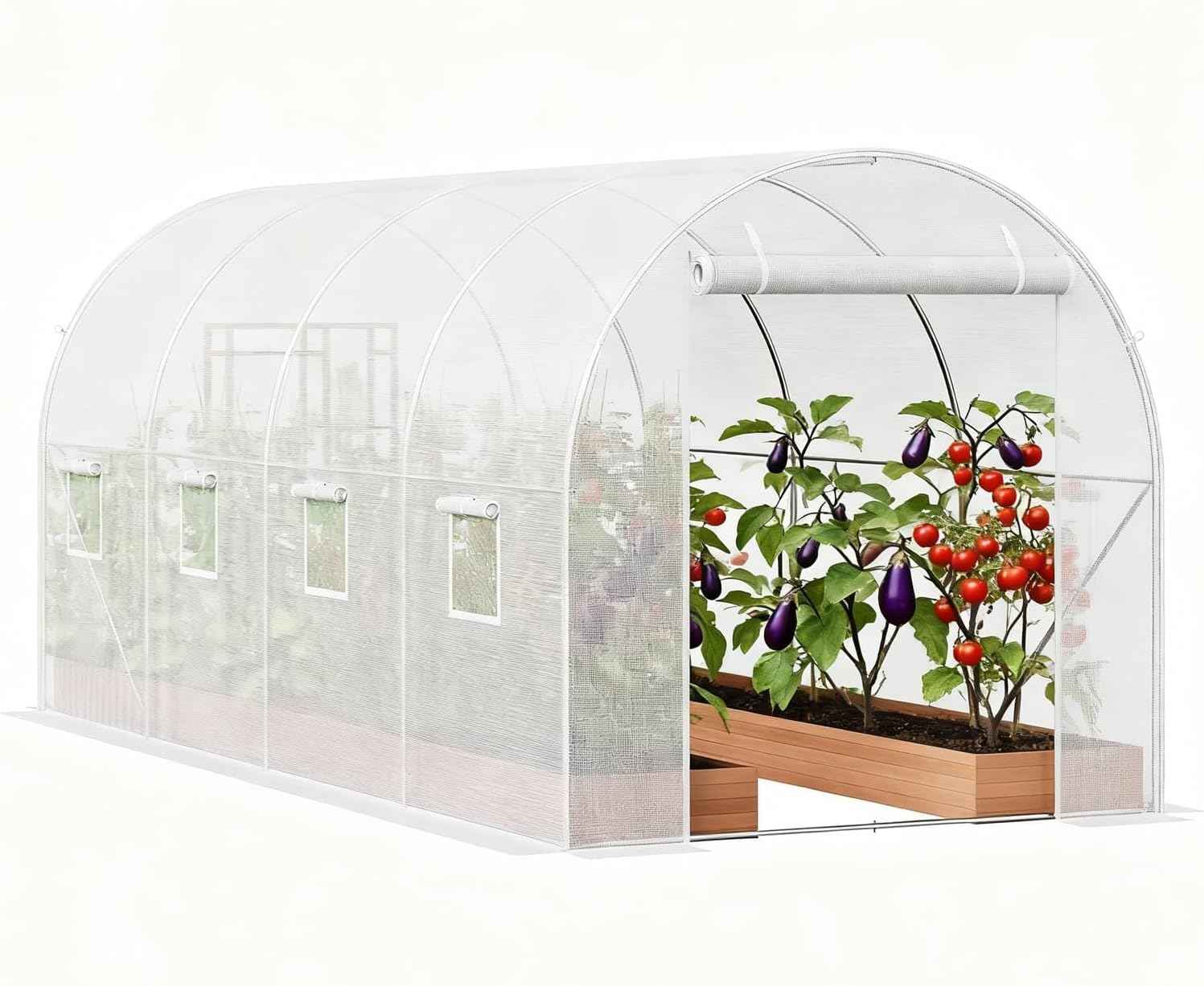 Outdoor Walk-in Tunnel Greenhouse, 15x7x7 ft Large Hoop Garden Plant Hot House with Roll-Up Zipper Door, 8 Screen Mesh Windows, Galvanized Steel Frame & White PE Cover for Backyard Plants Shed
