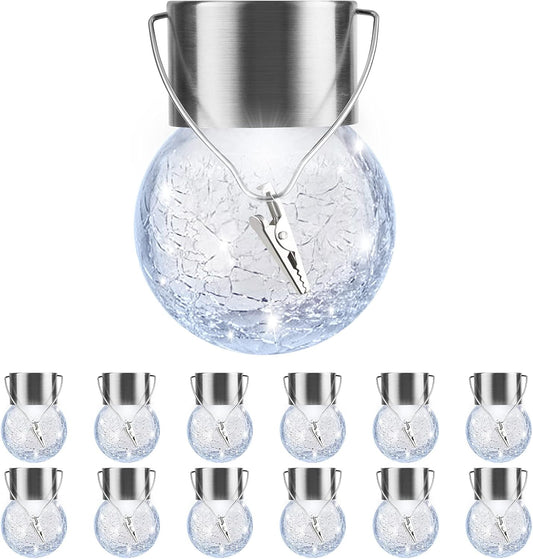 PARTPHONER 12 Pack Hanging Solar Lights Outdoor, Waterproof Solar Globe Lantern with Handle and Clip, Decorative Cracked Glass Ball Lights for Christmas Decor, Tree, Yard, Garden, Patio (Cold White)