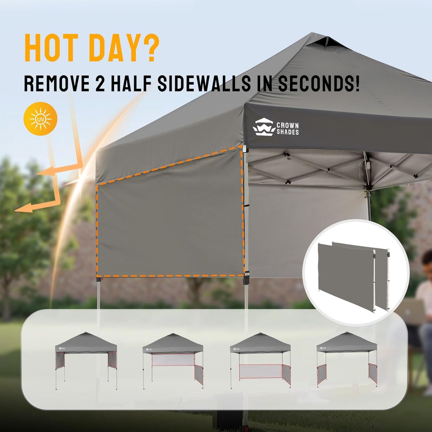 CROWN SHADES 10x10 Pop up Canopy Tent Instant Canopy with 150D Silver Coated Fabric Including 2 Half Sidewalls, 4 Ropes, 8 Stakes, 4 Weight Bags, STO 'N Go Bag, Grey