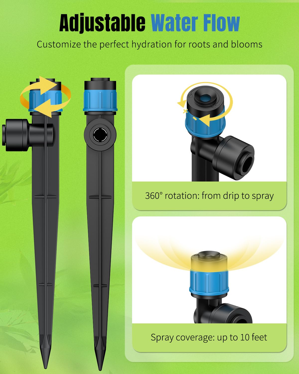 Pawfly 30 Pcs Push-to-Fit Drip Irrigation Emitters with Adjustable 360 Degree Water Flow Irrigation Drippers Drip Emitters Sprinklers with Stake Drip Irrigation System Parts for 1/4 Inch Tubing