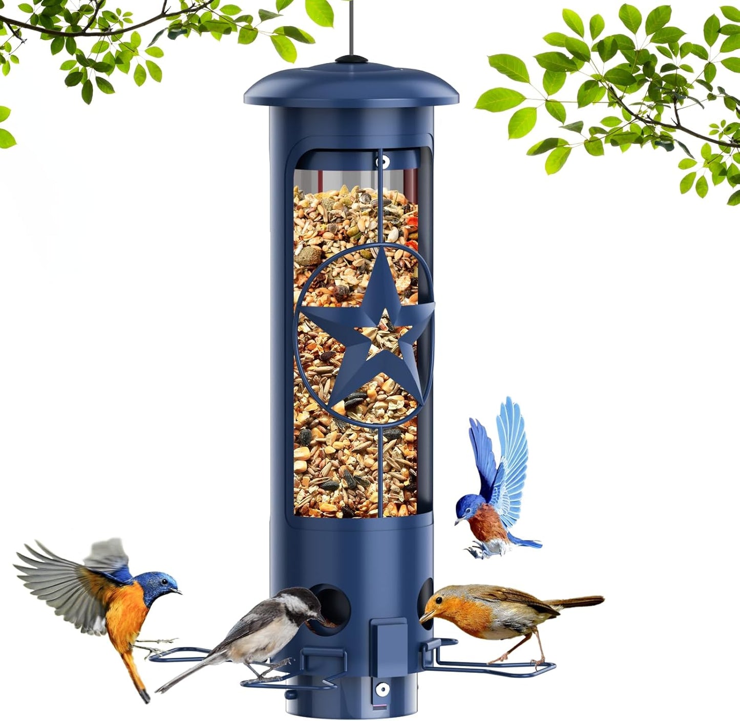 Squirrel Proof Bird Feeders for Outdoors Hanging, Metal Squirrel Proof Bird Feeder with Gravity Protection, 3LB Large Capacity Wild Bird Feeders for Outside Finch, Cardinal, Blue Jay (Blue)