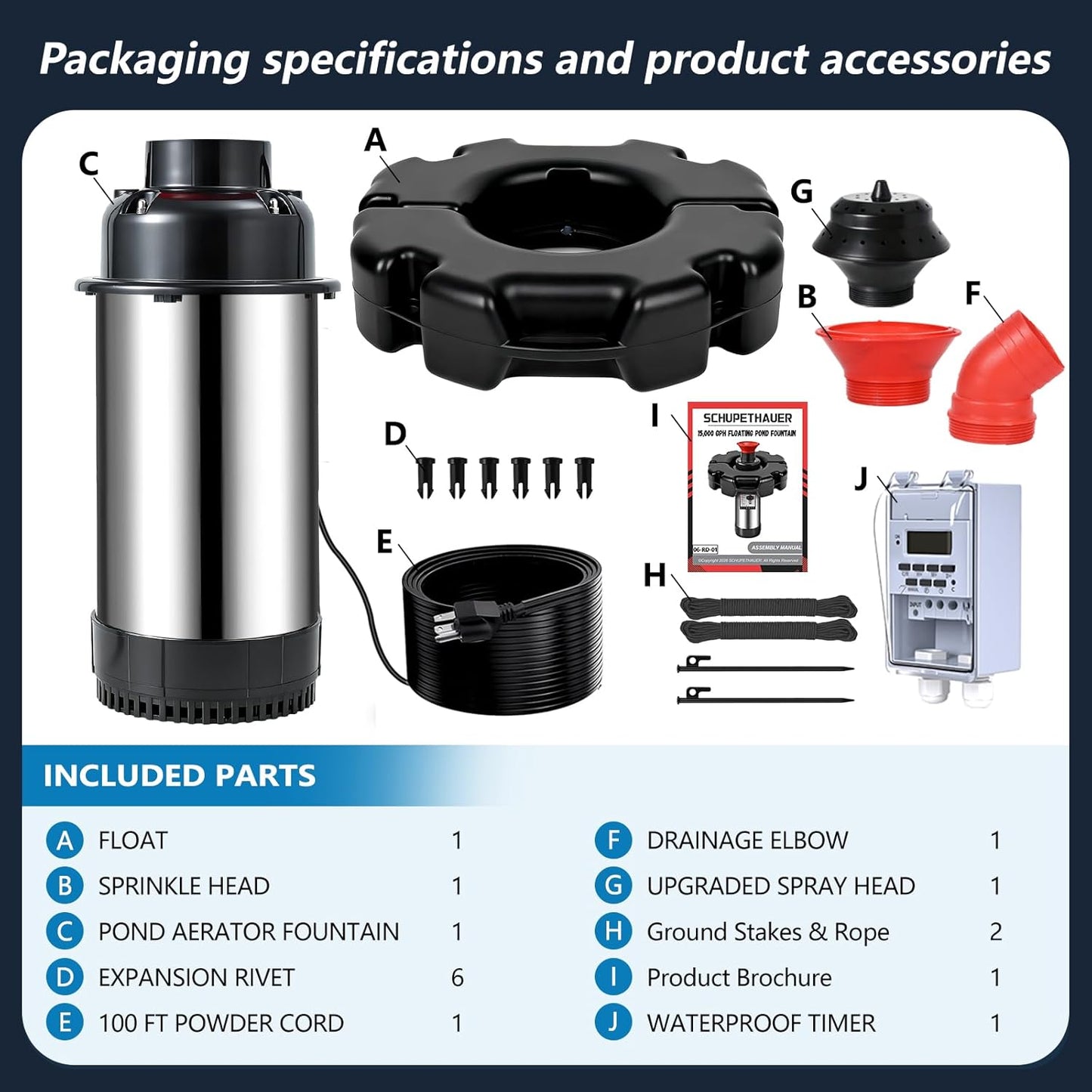 Pond Fountain Aerator, 1HP 110V 750W 15000 GPH Stainless Steel Fountain Pump with 2 Distinct Water Fountain, Fully Automatic Powerful Lake Floating Fountain, 100FT Power Cord, Rope, Timer