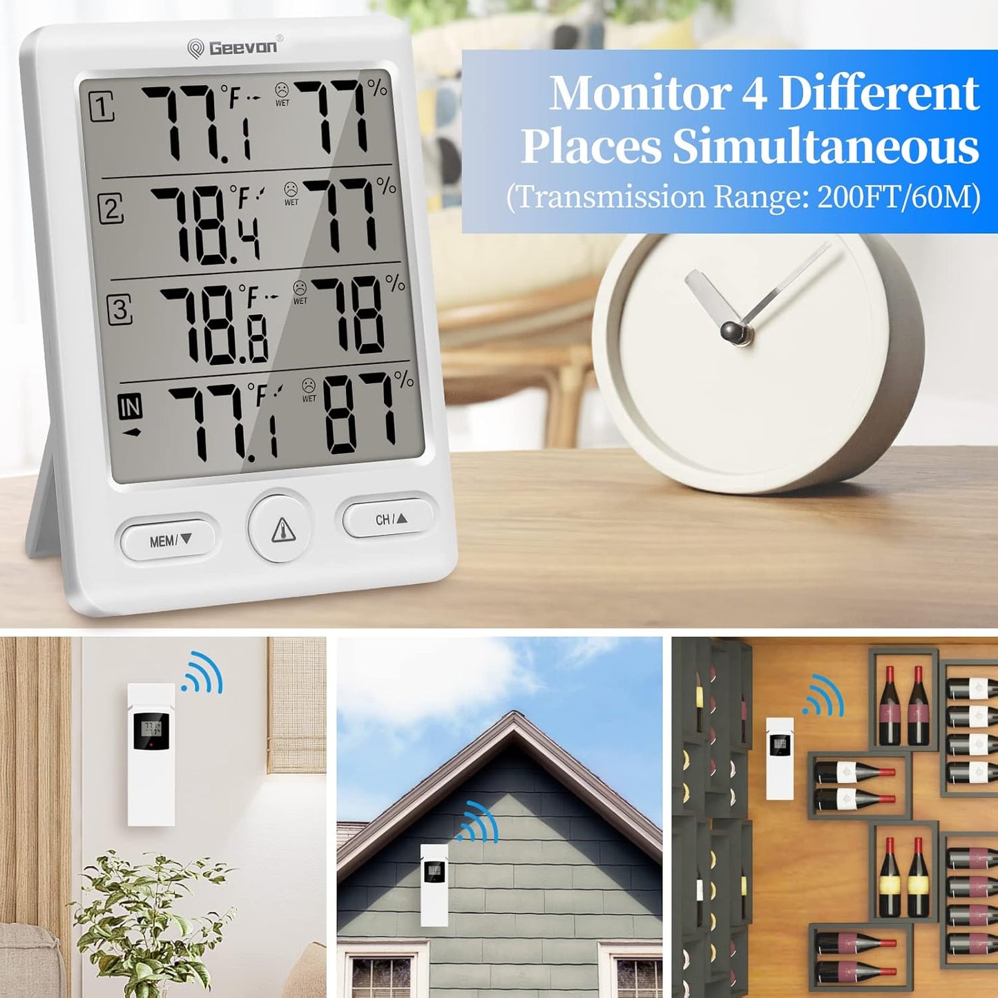 Geevon Indoor Outdoor Thermometer Wireless with 3 Remote Sensors, Digital Hygrometer Indoor Thermometer, Temperature Humidity Monitor Gauge with 200FT/60M Range (White)