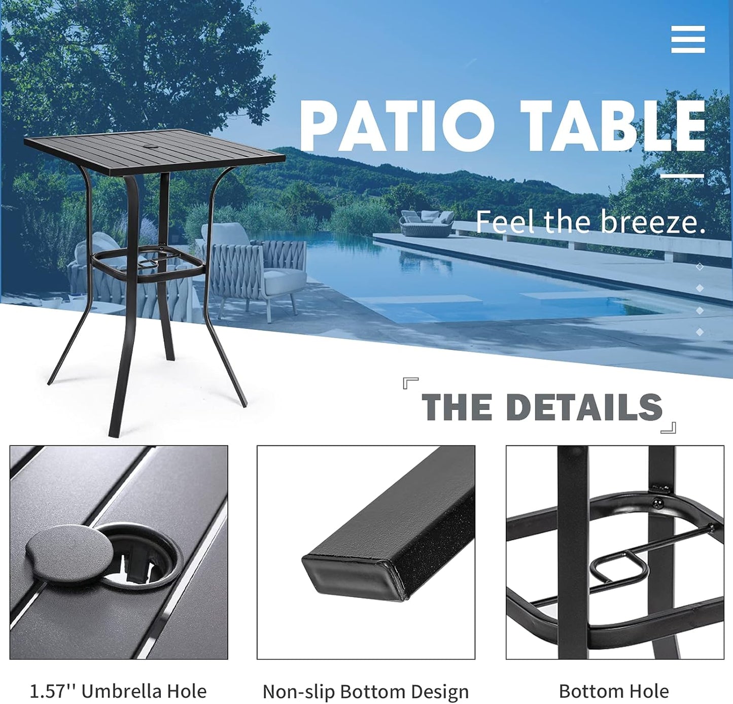 Incbruce Patio High Bar Table, 39" Height Bistro Table with 1.57'' Umbrella Hole, Square Outdoor High Top Table Metal Steel Frame and Slat Design (Slatted Tables Top), Black