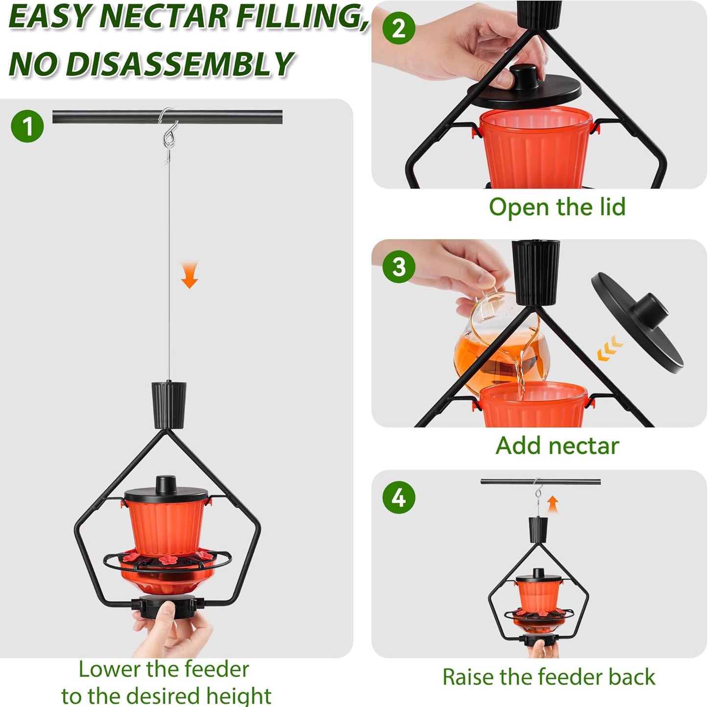 Retractable Hummingbird Feeder – 6 Feeding Ports, Leak-Proof, Ant & Bee Proof, Easy Top-Fill & Easy to Clean, Durable ASA Plastic, 18.5 oz Capacity, Adjustable Hanging System with 44" Extension(Black)