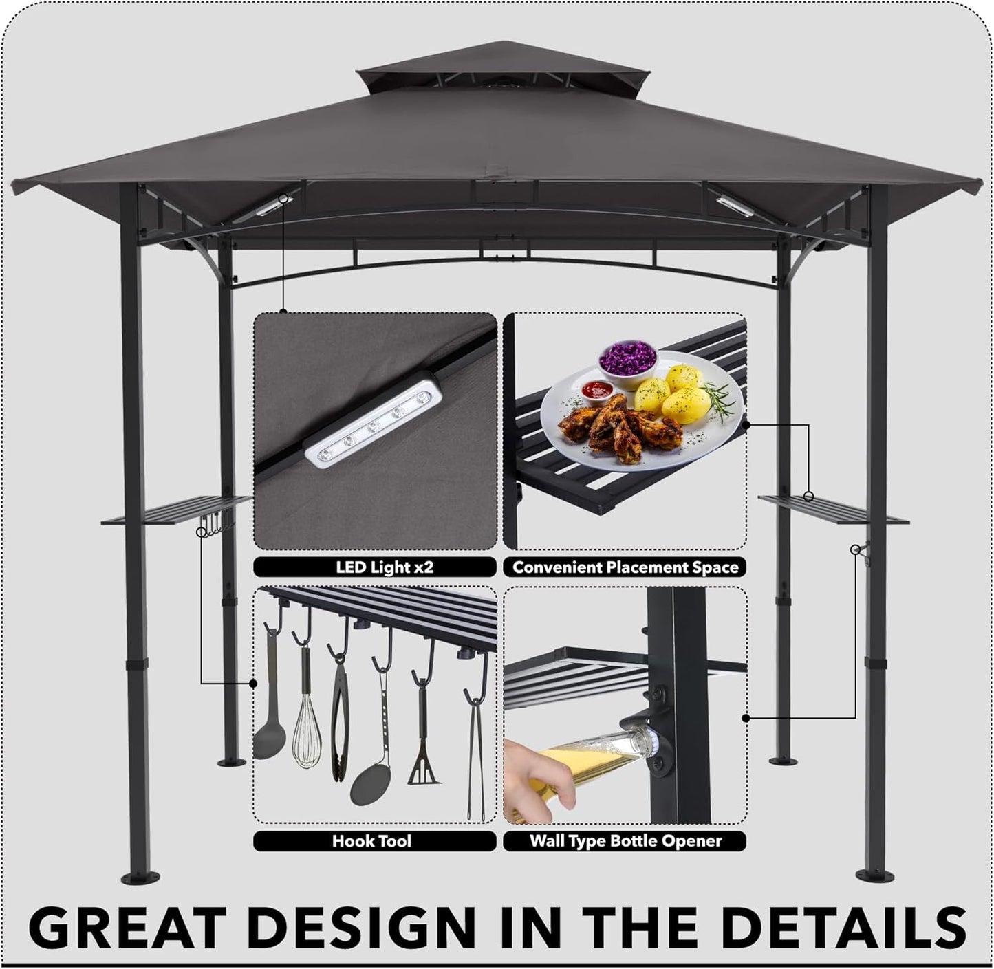 MASTERCANOPY 8 x 5 Grill Gazebo Outdoor BBQ Gazebo Canopy with 2 LED Lights (Gray)