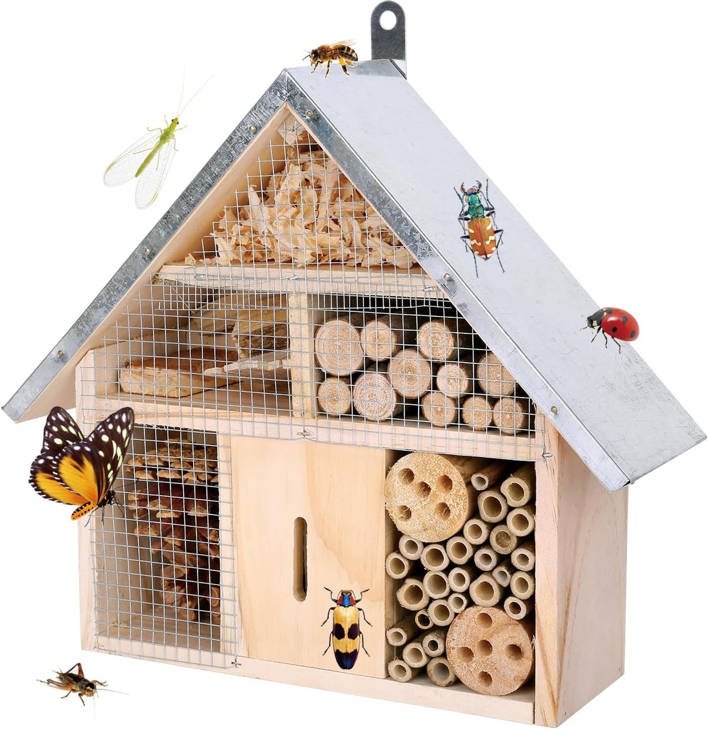 antiai Wooden Mason Insect Bee Butterfly House,Insect Hotel,an Outdoor Hanging Bamboo Habitat for Ladybugs Live,Bee Box,Butterfly Habitat for Garden,12.4 x 12 x 3.9 Inch
