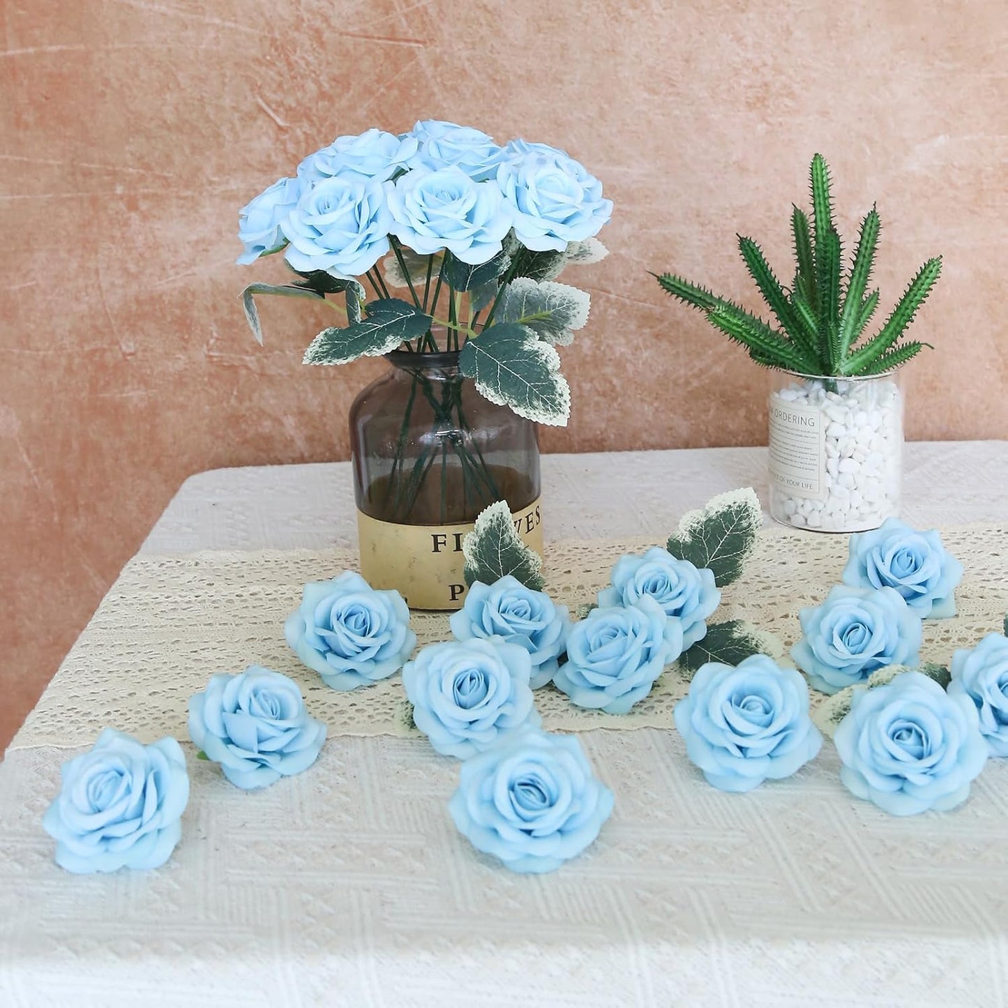 25PCS Rose Artificial Flower Heads 7 CM 2.75 in Velvet Rose Flowers Real Look Rose Flower Heads for DIY Wedding Home Party Baby Shower Decor (Light Blue)