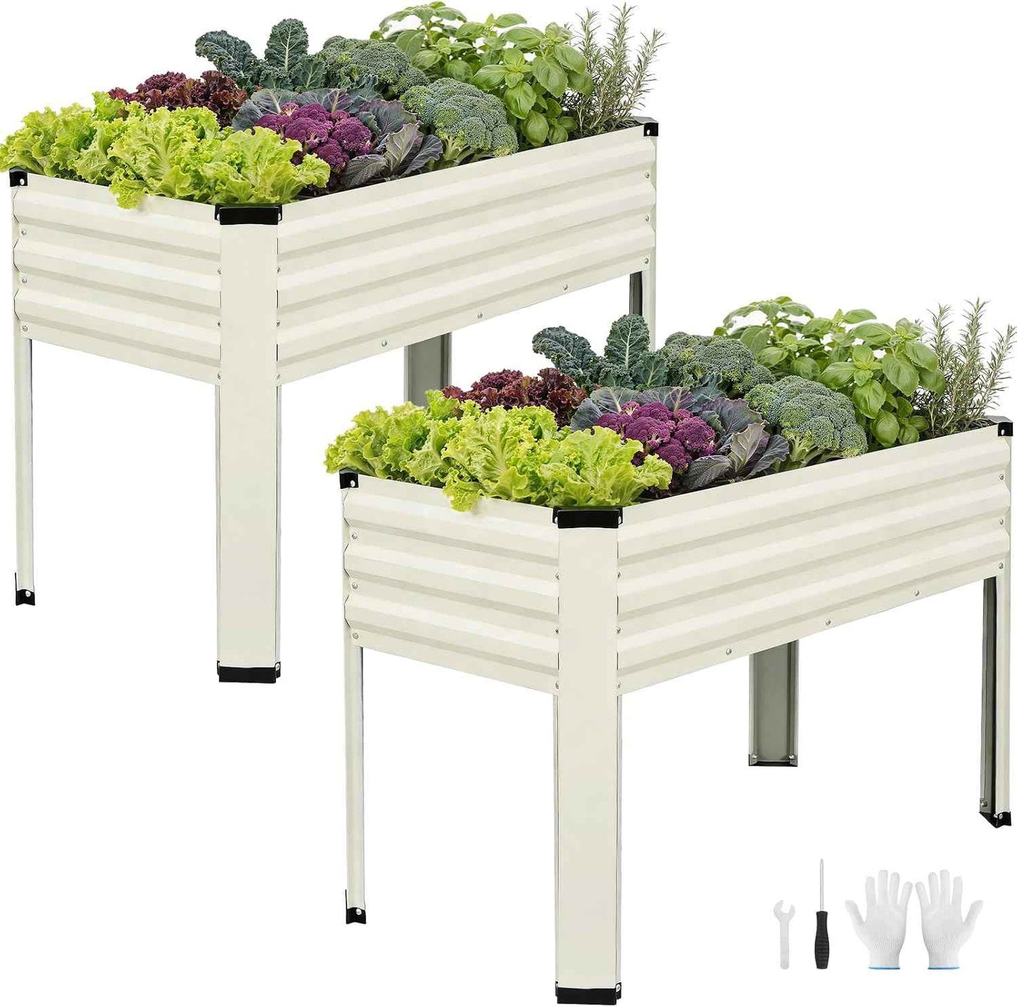 Galvanized Raised Garden Bed with Legs 2 Pack, 48x24x32in Elevated Raised Garden Bed Outdoor with Drainage Holes, Planter Boxes for Gardening Vegetable Flower Fruit in Backyard, Patio, Balcony (White)
