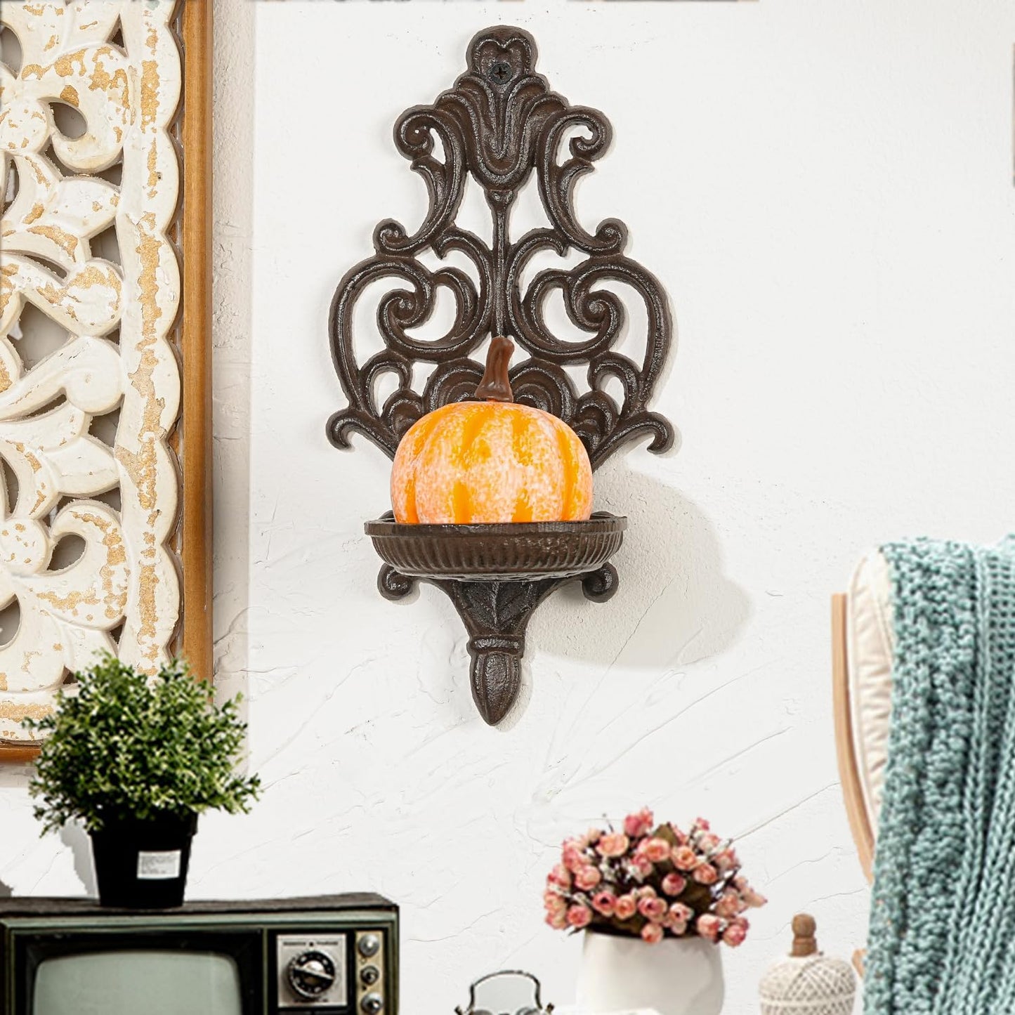 Sungmor Cast Iron Wall Candle Sconce,Ornate Scrollwork Design Tealight Stand,Rustic Wall-Mounted Decorative Sconce for Home,Bedroom,Farmhouse Decor