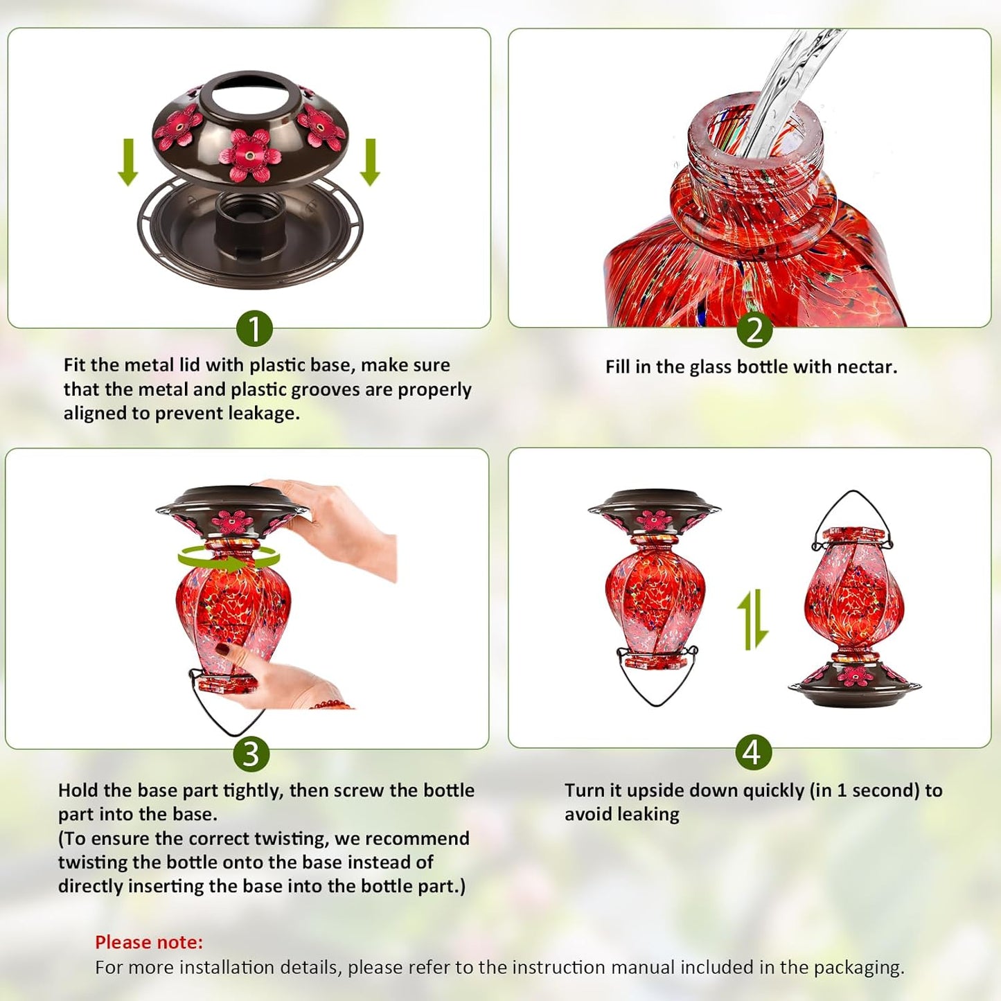 BOLITE Hand Blown Glass Hummingbird Feeder 22oz – Ant Moat, Bee-Proof, 360° Perch