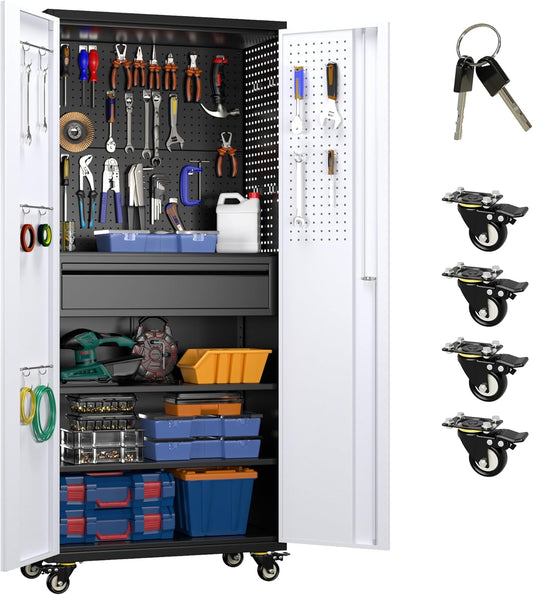 Metal Garage Cabinet with Wheels,71''H Rolling Lockable Steel Tool Storage Cabinet with Pegboard &1 Drawer for Garage,Home,Office,Black Gray, Assembly Required
