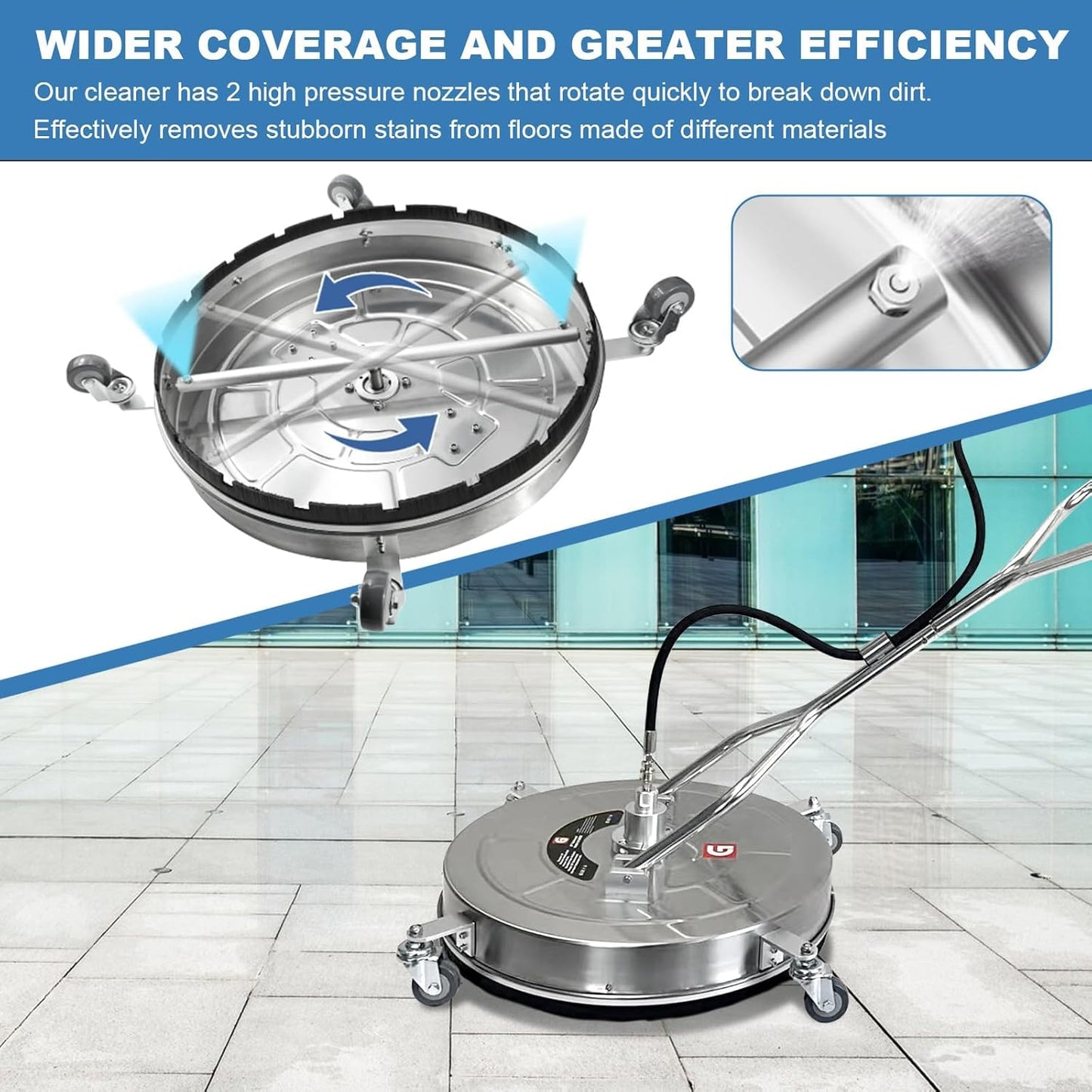 Garvee 24 in Pressure Washer Surface Cleaner with 4 Wheels&Dual Handles, 4900PSI Stainless Steel Surface Cleaner Attachment for Pressure Washer for Concrete Driveway Sidewalk Deck Patio