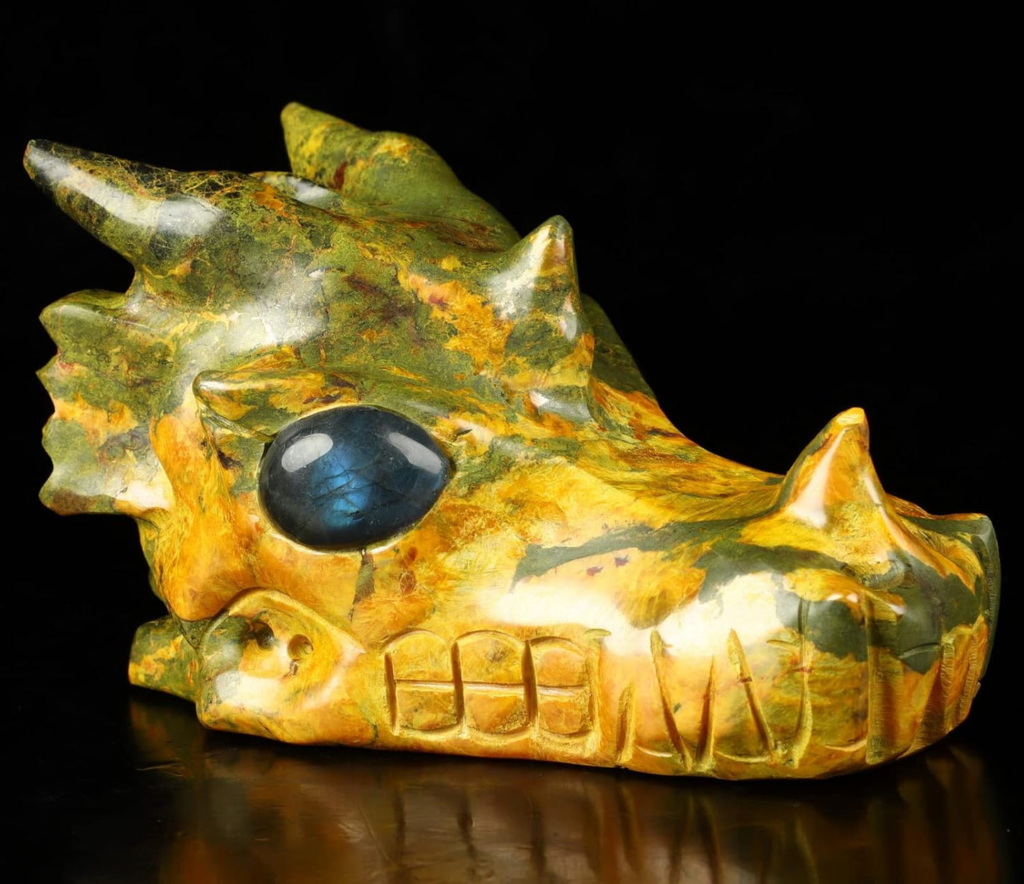 Skullis 5.1" Orpiment Crystal Dragon Skull with Labradorite Eyes, Hand Carved Gemstone Fine Art Sculpture, Reiki Healing Stone Statue.2136 Z8