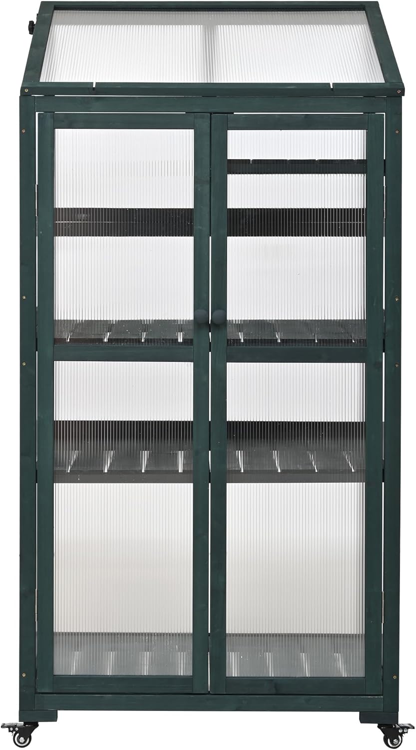 62‘’Wooden Greenhouse, Cold Frame Portable Greenhouse with Wheels and Adjustable Shelves for Indoor Outdoor Patio Balcony Garden, 31.5" Lx22.4 Wx62 H, Green