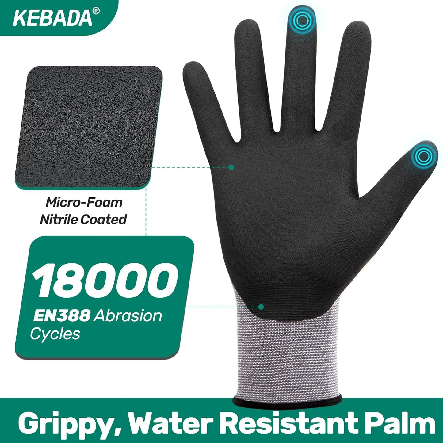 Kebada W2 Safety Work Gloves, Micro-Foam Nitrile Coated Gloves, Touchscreen,Ideal for Package Handling, Gardening, Construction, 1 Pair X-Large