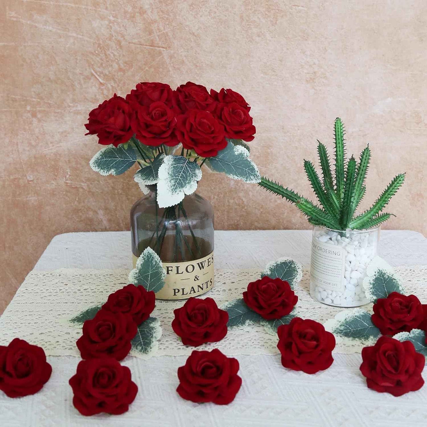25PCS Red Rose Artificial Flower Heads 7 CM Velvet Rose Flowers Real Look Rose Flower Heads for DIY Wedding Home Party Baby Shower Decor(Red)
