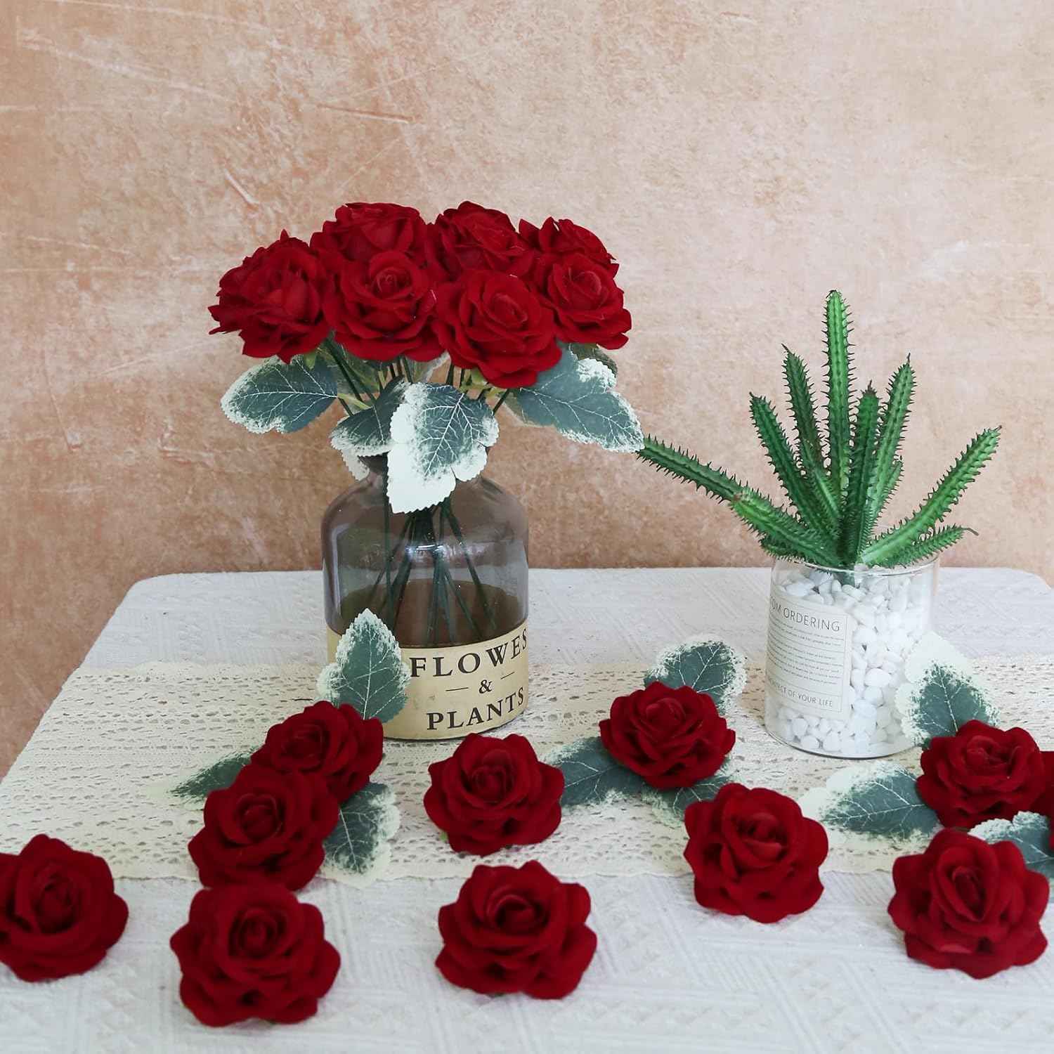 25PCS Red Rose Artificial Flower Heads 7 CM Velvet Rose Flowers Real Look Rose Flower Heads for DIY Wedding Home Party Baby Shower Decor(Red)
