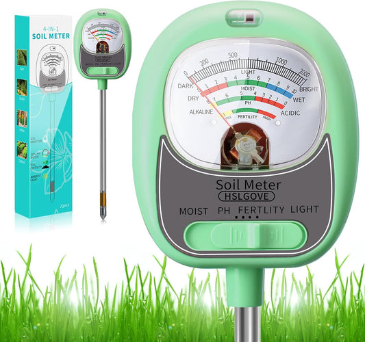 HSLGOVE 4-in-1 Soil Test Kit – Soil Moisture Meter, pH, Fertility & Sun-Light, No Battery Required, Large Dial Soil Tester for Indoor & Outdoor Gardening, Lawn, Farm – BabyGreen