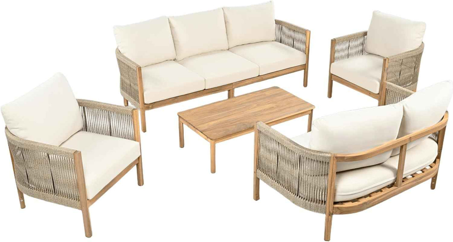 Christopher Knight Home Havets 5 Pieces Outdoor Acacia Furniture Set, Woven Rope Loveseat and Accent Club Chairs, 6" Thick Cushions Sofa and Coffee Table Set for Backyard Garden Balcony, Teak+Beige