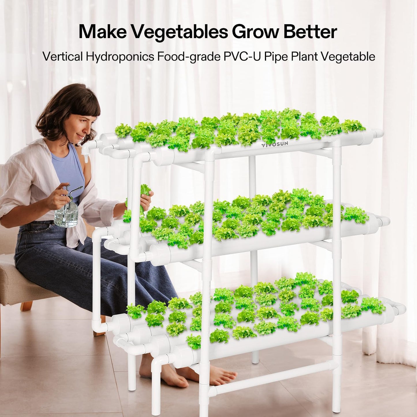 VIVOSUN Hydroponics Growing System 108 Plant Sites, 3 Layers 12 Food-Grade PVC-U Pipes Gardening System Grow Kit with Water Pump Timer, Nest Basket and Sponge for Leafy Vegetables