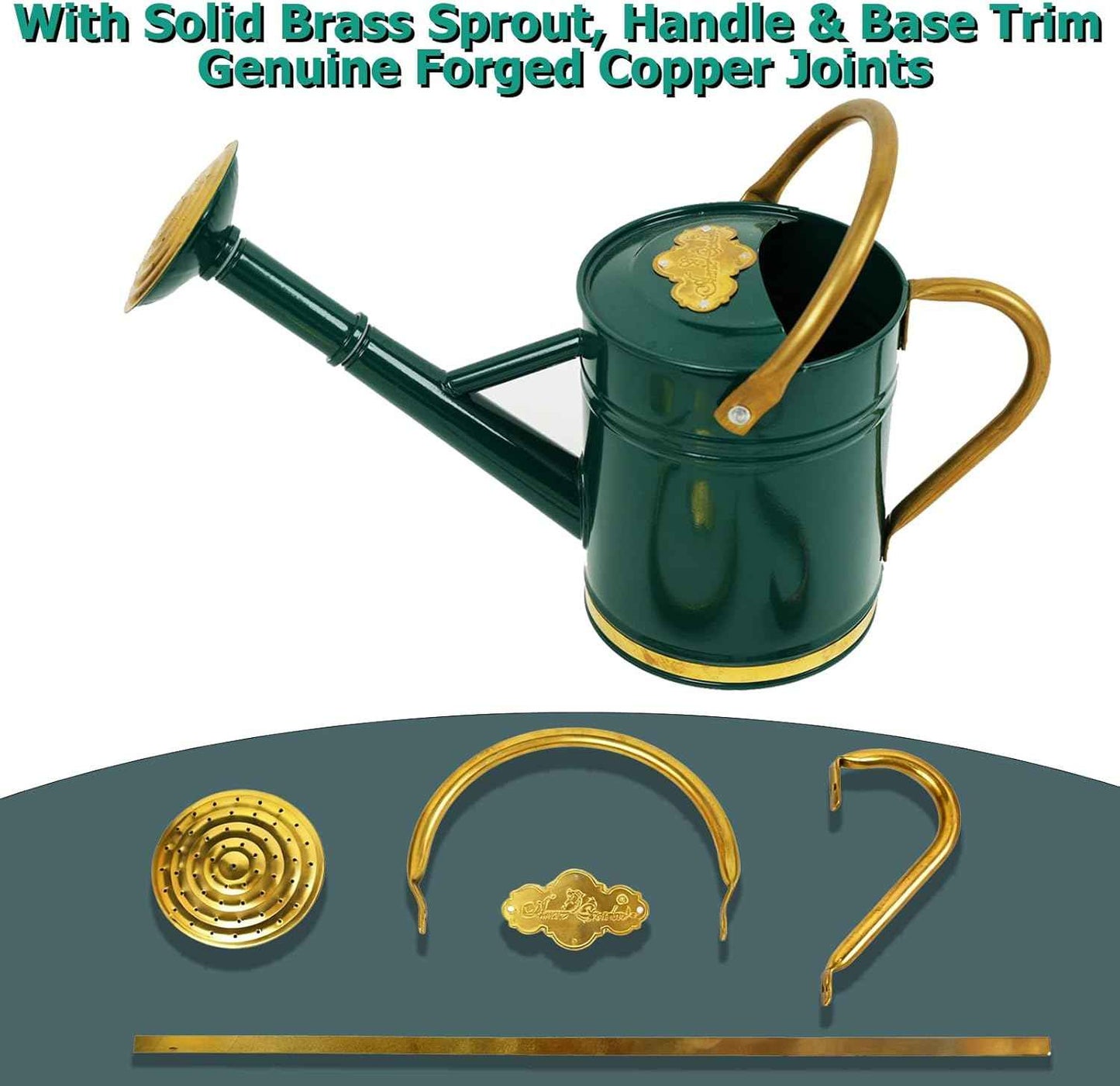 1 Gallon Green Metal Watering Can with Solid Brass Details, Removable Watering Rose, Decorative Garden Can for Indoor Plants, Patio and Greenhouse