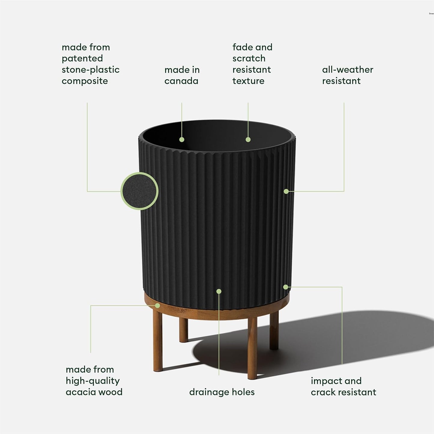 Veradek Demi Series Round Planter w/Stand for Porch/Patio | Durable Plastic-Stone Composite & Wooden Stand | Modern Décor for Tall Plants, Flowers