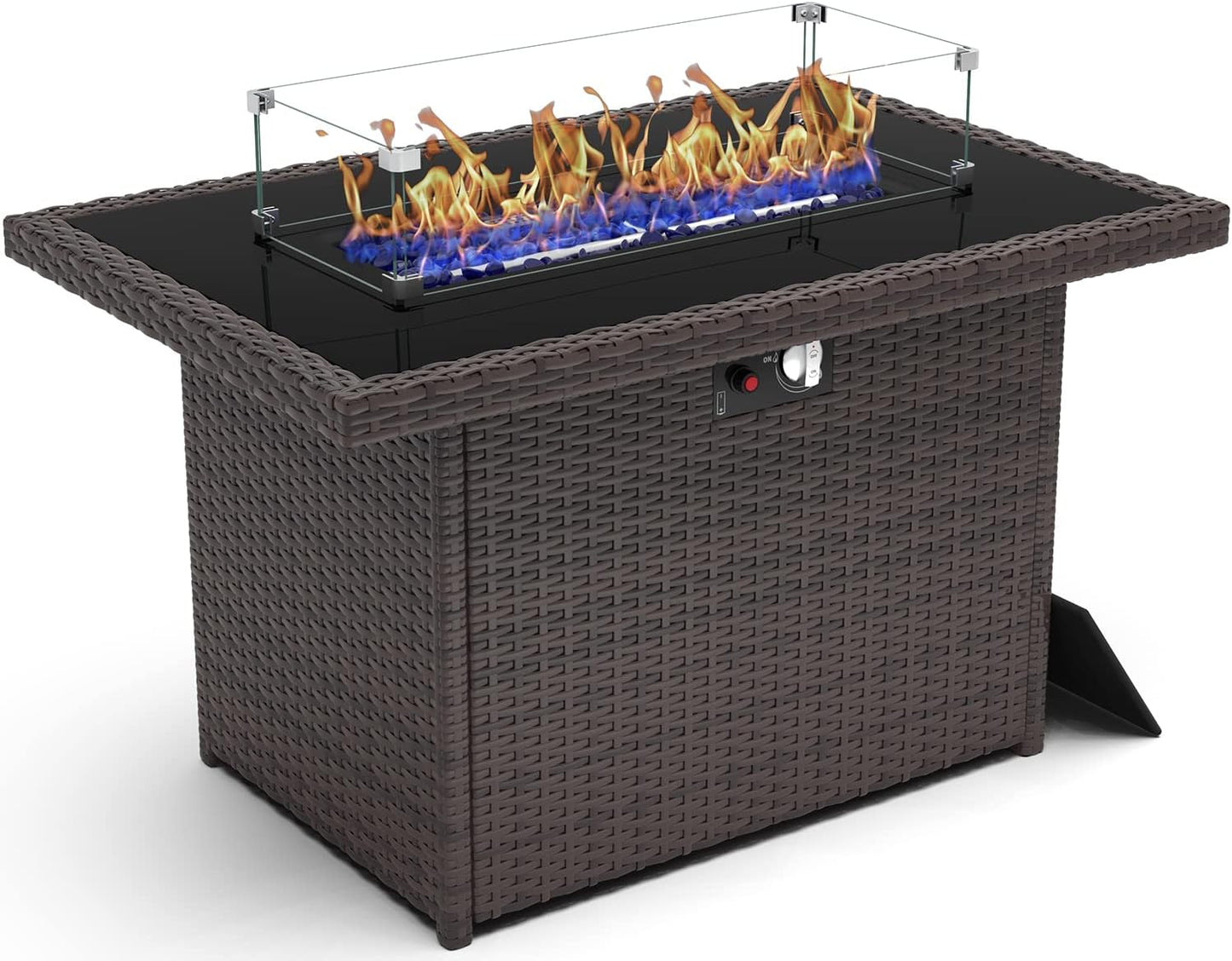44 Inch Propane Gas Fire Pits Table for Outside Patio, 60000 BTU Rectangular Outdoor Wicker Rattan Fire Pit with Glass Wind Guard