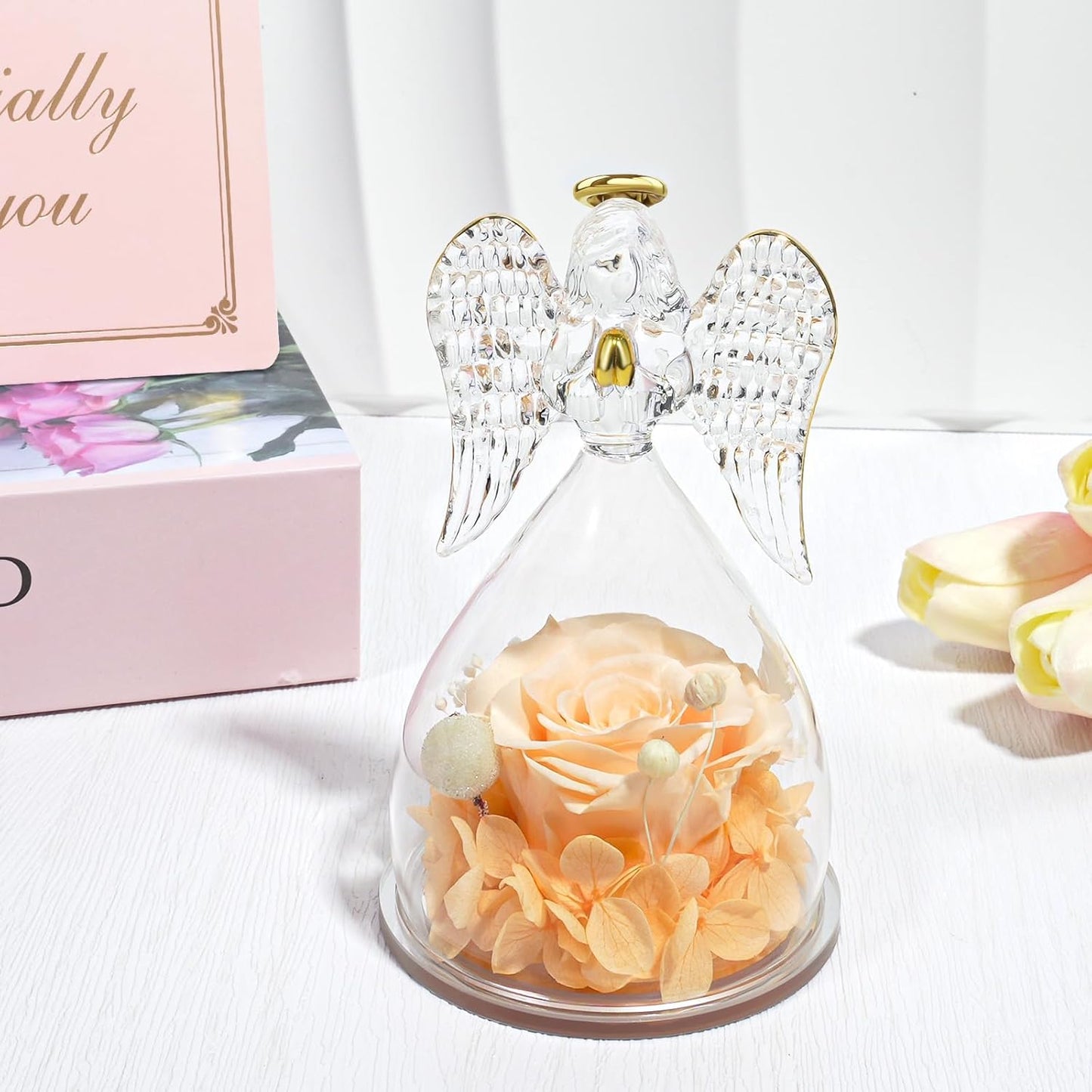 Yamonic Angel Figurine with Preserved Rose, Champagne, Gifts for Mom Grandma, Mothers Day, Christmas, Anniversary, Birthday