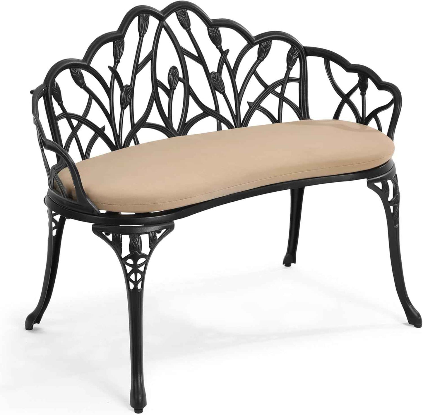 Outdoor Bench with Cushion, Cast Aluminum Double Seating with Backrest and Armrests, Mental Outdoor Furniture for Patio, Porch, Garden, Park, Black Tulip
