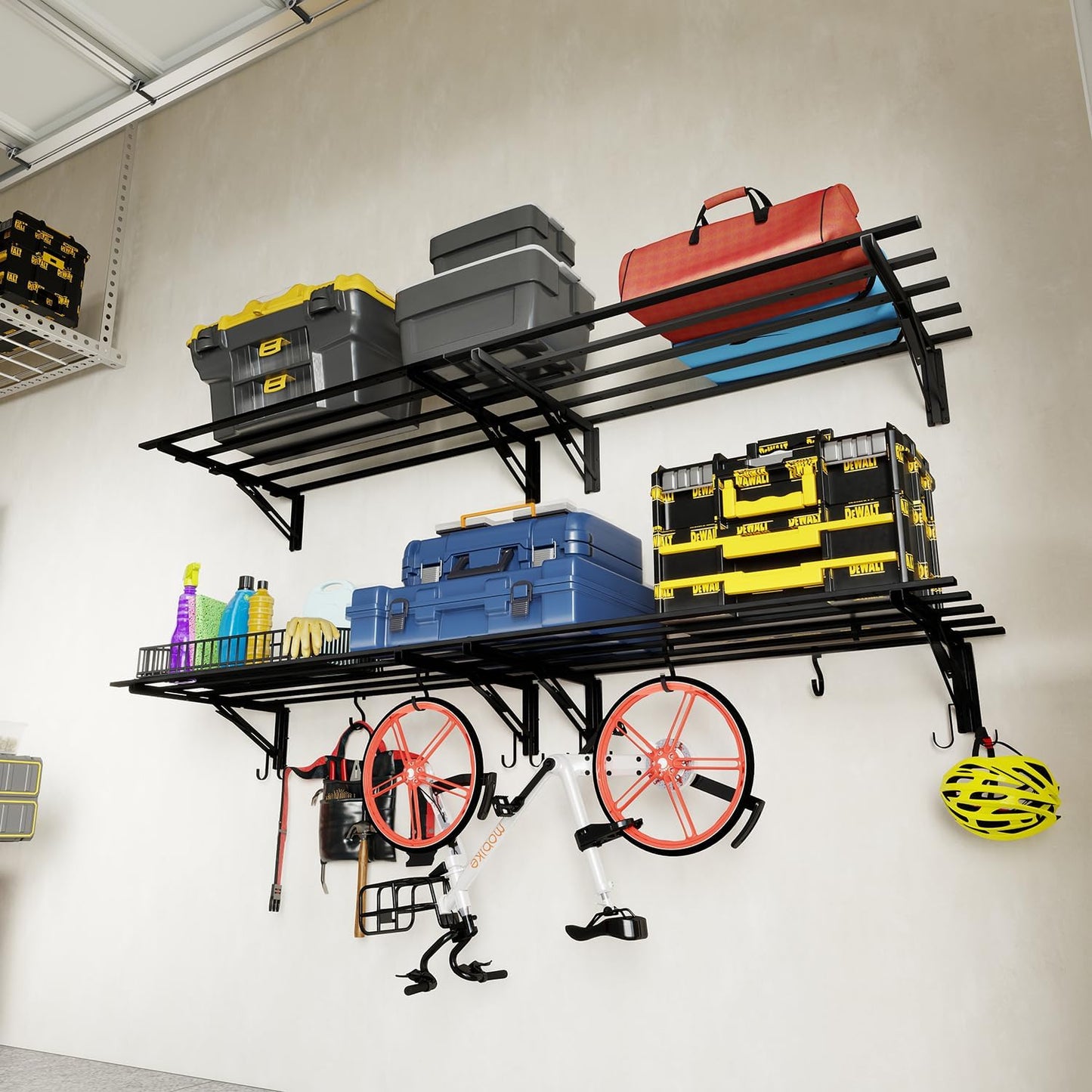 4-Pack Garage Storage System Shelves 3.21x1.64 ft - Compact Folding Wall Shelves for Garage, Sturdy Metal Wall Shelving with Hooks, Versatile Metal Hanging Shelf Design, Sleek Floating Black Shelf