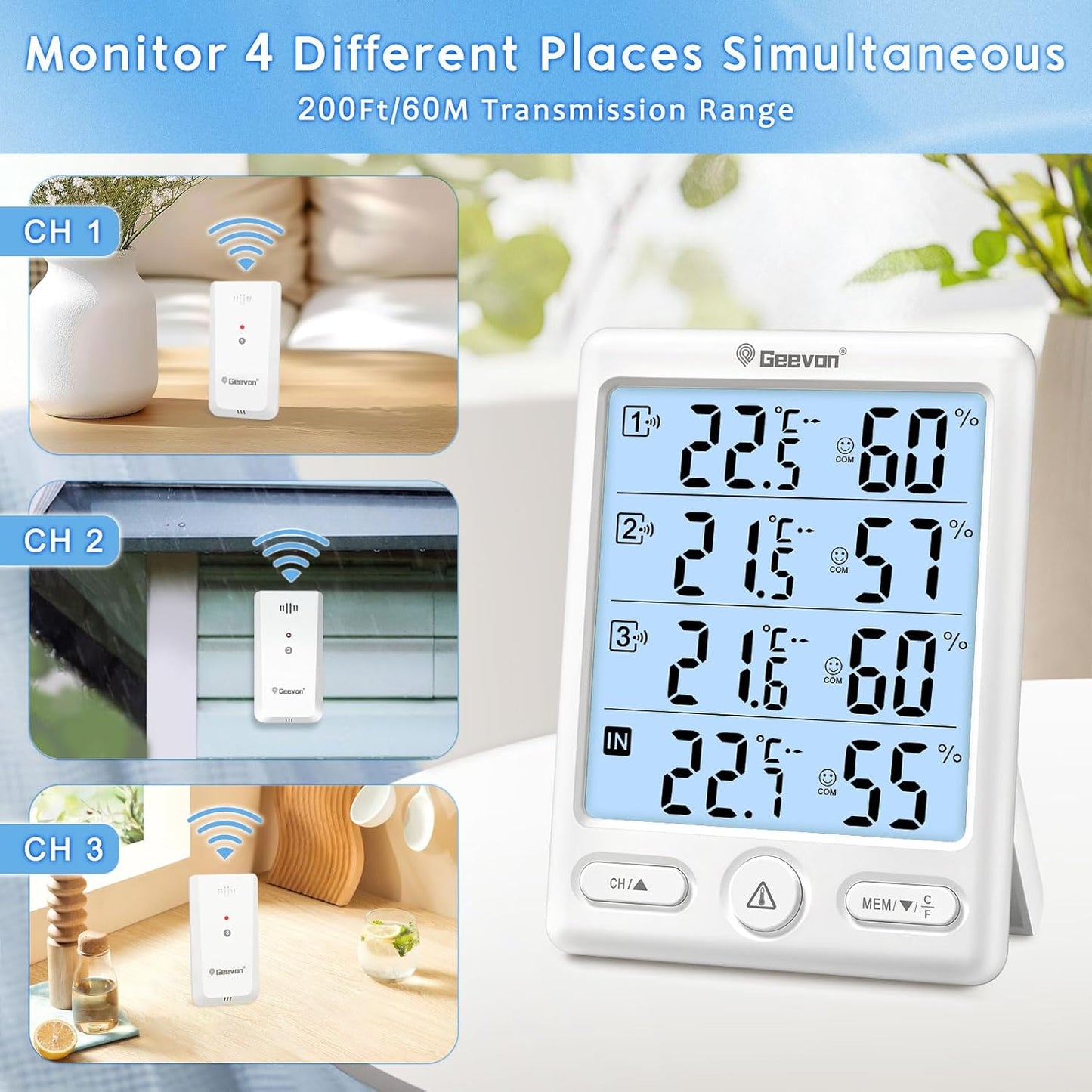 Geevon Indoor Outdoor Thermometer Wireless, 5-Inch Display Digital Hygrometer Thermometer Temperature Humidity Monitor with 3 Remote Sensors and Backlight, Battery-Powered(White)